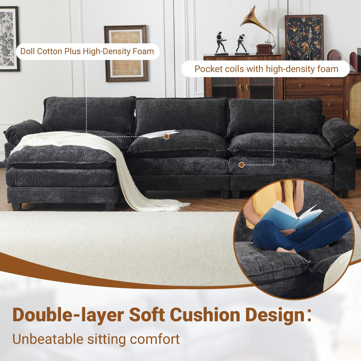 VINGLI 122" Cloud Black Convertible Sectional Sofa, Comfy L-Shape Extra Deep Seat Sofa Couch for Living Room,Modern Chenille 3-Seat Convertible Sofa with Movable Ottoman for Small Space VINGLI