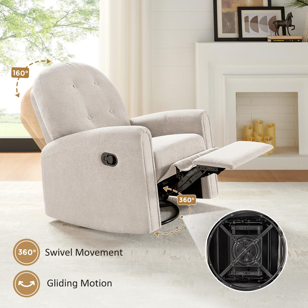 VANOMi 360 Swivel Rocker Recliner Chair, Nursery Rocking Chair with Tufted Backrest, Manual Recliner Chairs for Small Spaces, Upholstered Glider Nursing Chair for Living Room, Bedroom (Camel) VANOMi