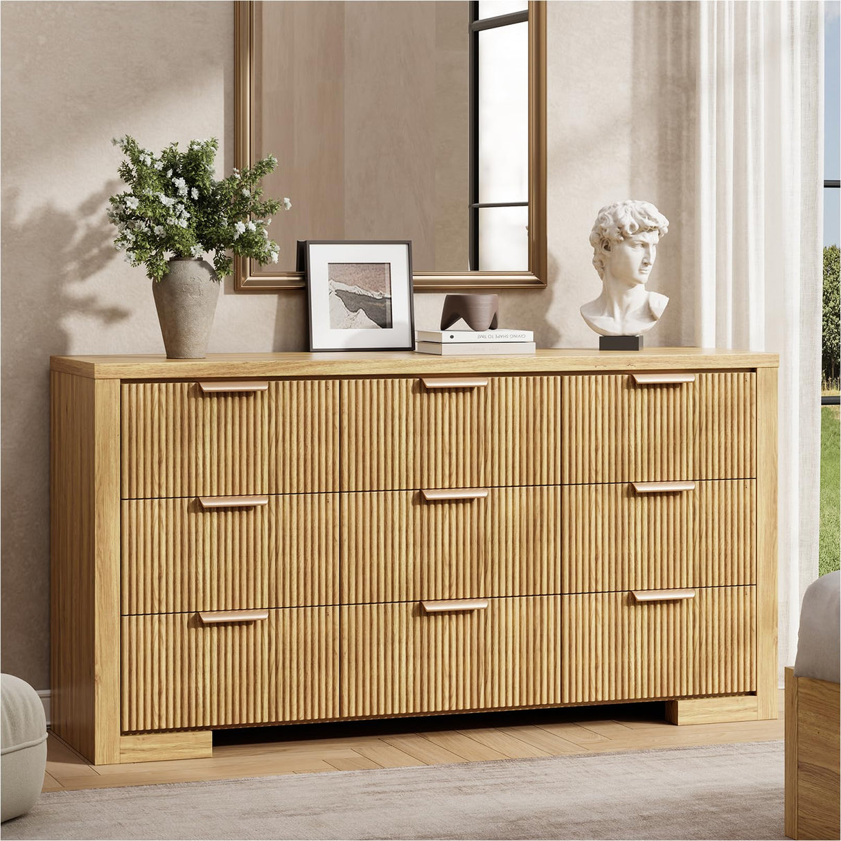 HOTALLOY Fluted Dresser for Bedroom, 9 Drawer Dresser with Gold Handle, 57" Wide Chest of Drawers, Modern Wood Dressers Organizer for Bedroom, Liveroom, Entryway, Natural Oak HOTALLOY