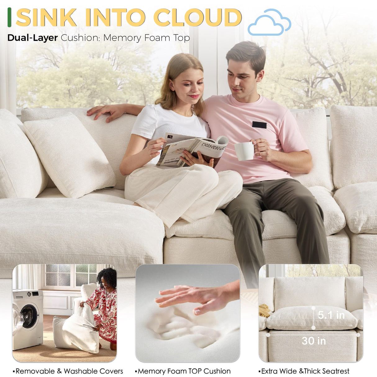 SITJOY L Shape Sectional Sofa, 4 Seat Velvet Sofa with Ottoman, Boneless Cloud Sectional Couch for Living Room, No Need Assembly Modular Sectional Sofa, 110 inch Width, White SITJOY