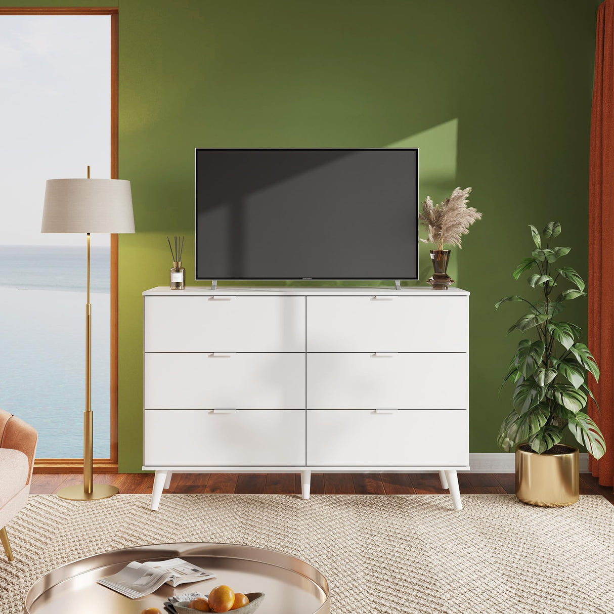 WLIVE 6 Drawer Dresser for Bedroom, 47.24'' Wide Wood Dresser, White Dresser Storage Organizer with Sturdy Metal Handle, TV Stand for 55 inch TV, Chest of Drawers for Living Room, Hallway, Closet WLIVE