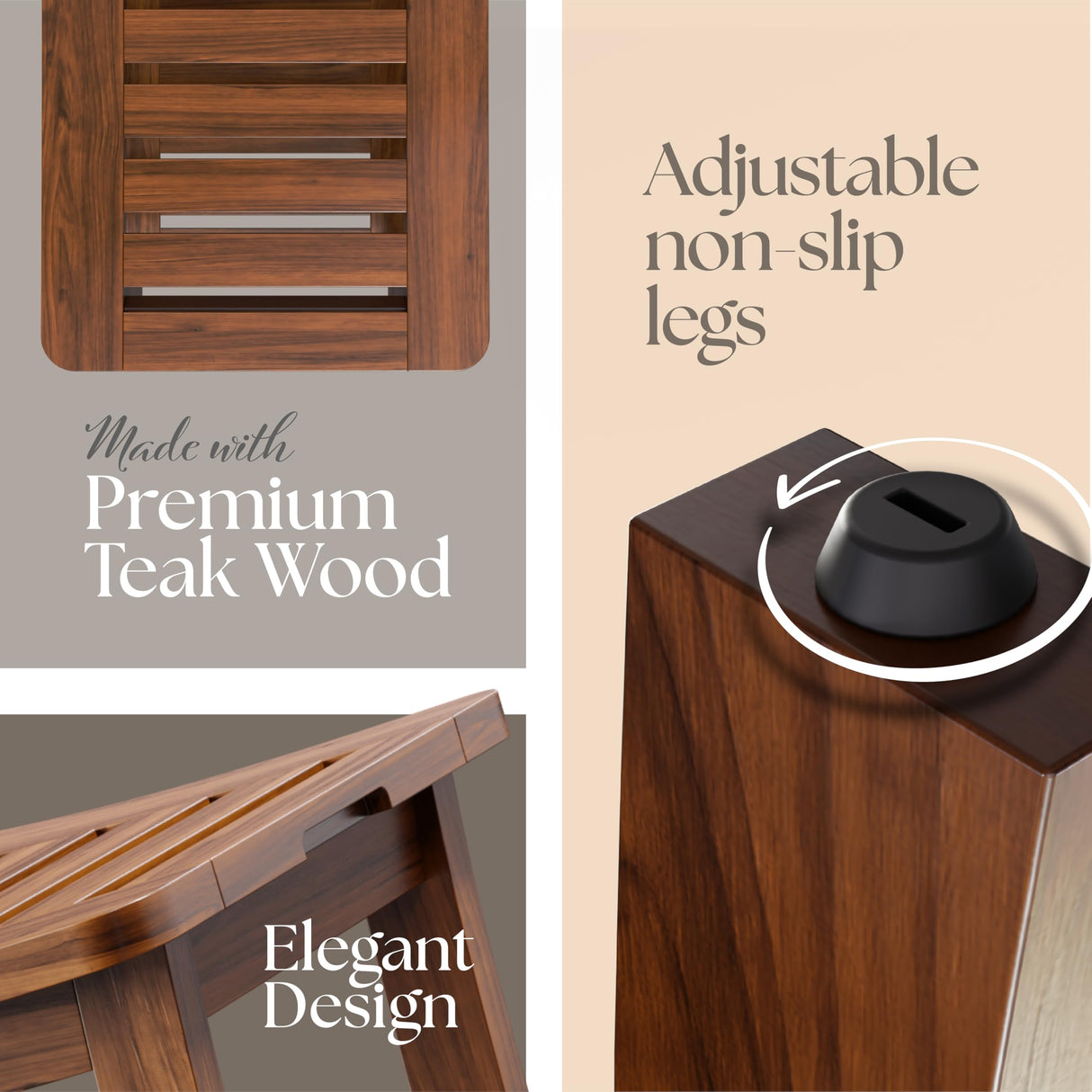 Simplex Teak Shower Bench, Fully Assembled Shower Stool, Water-Resistant Spa Seat, 20.8 Inch Non Slip Shower Bench, Indoor & Outdoor Use SIMPLEX