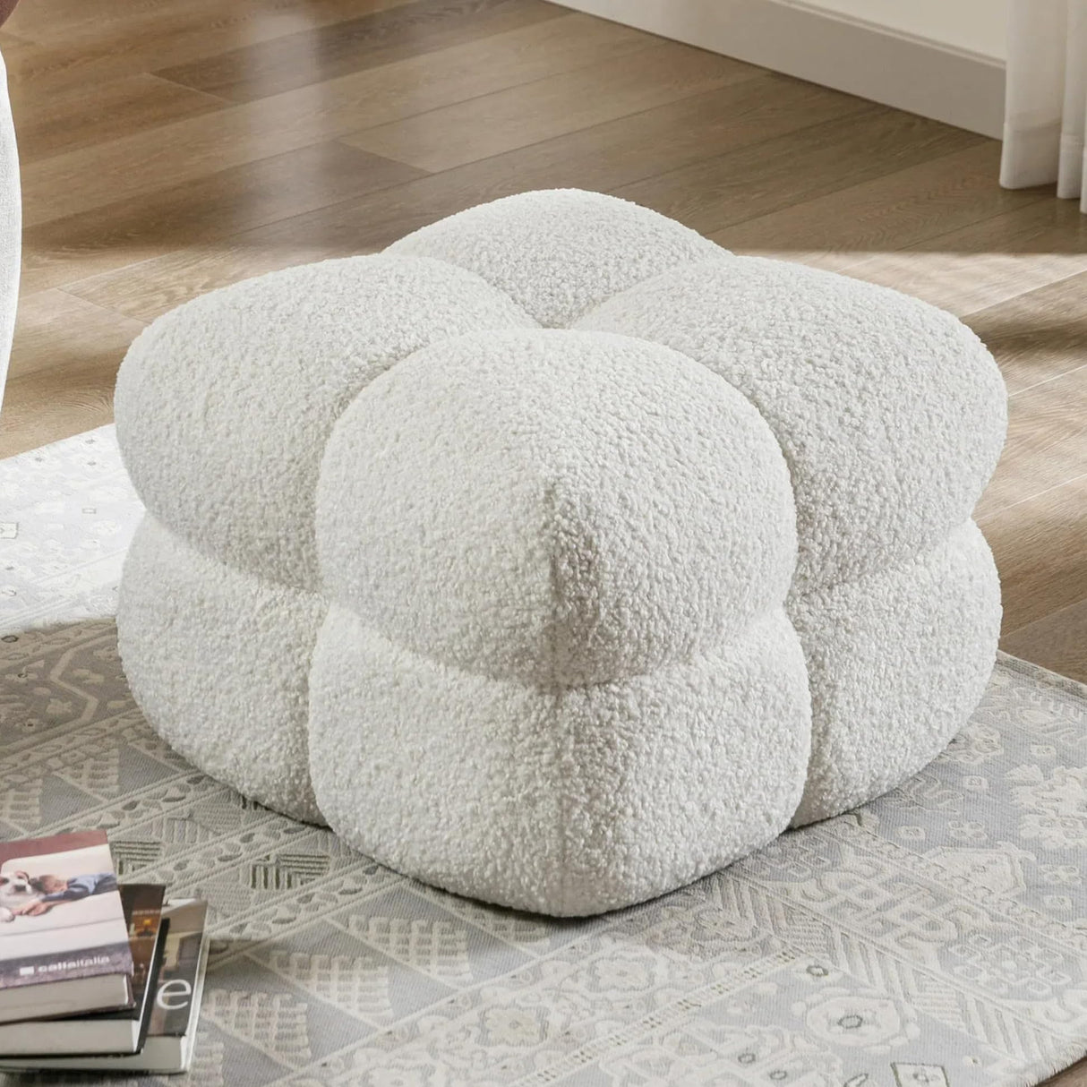Zesthouse Square Pouf Ottoman, Modern Ottoman Coffee Table for Living Room, Fuzzy Sherpa Ottoman Foot Rest, Upholstered Tufted Ottoman Stool for Couch, White Zesthouse