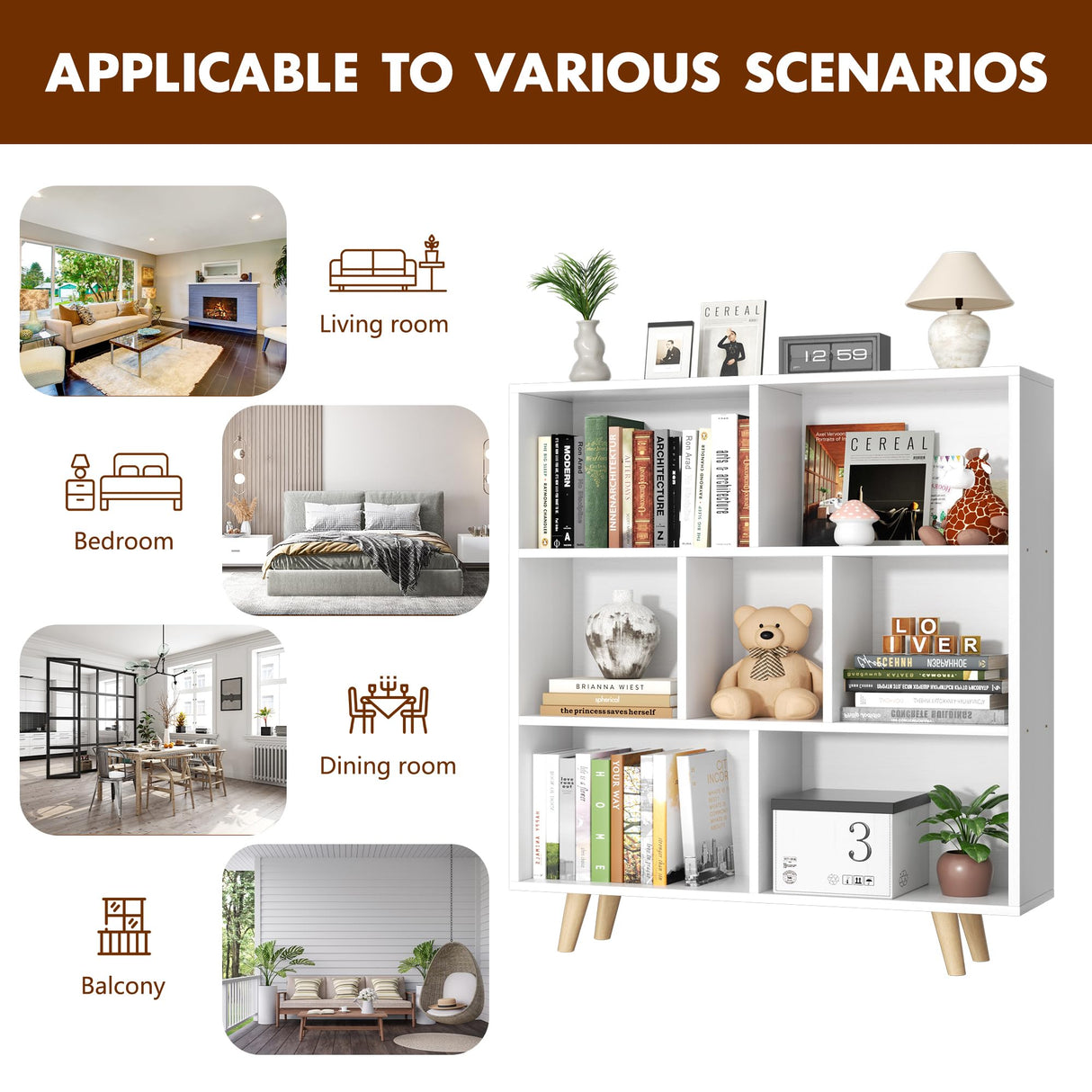 Shintenchi Wooden 7 Cube Bookshelf, 3 Tier Bookcase with Legs, Modern Open Storage Organizer Shelf,Display Cabinet Shelf Free Standing Bookshelves for Bedroom,Living Room,Office,White Shintenchi