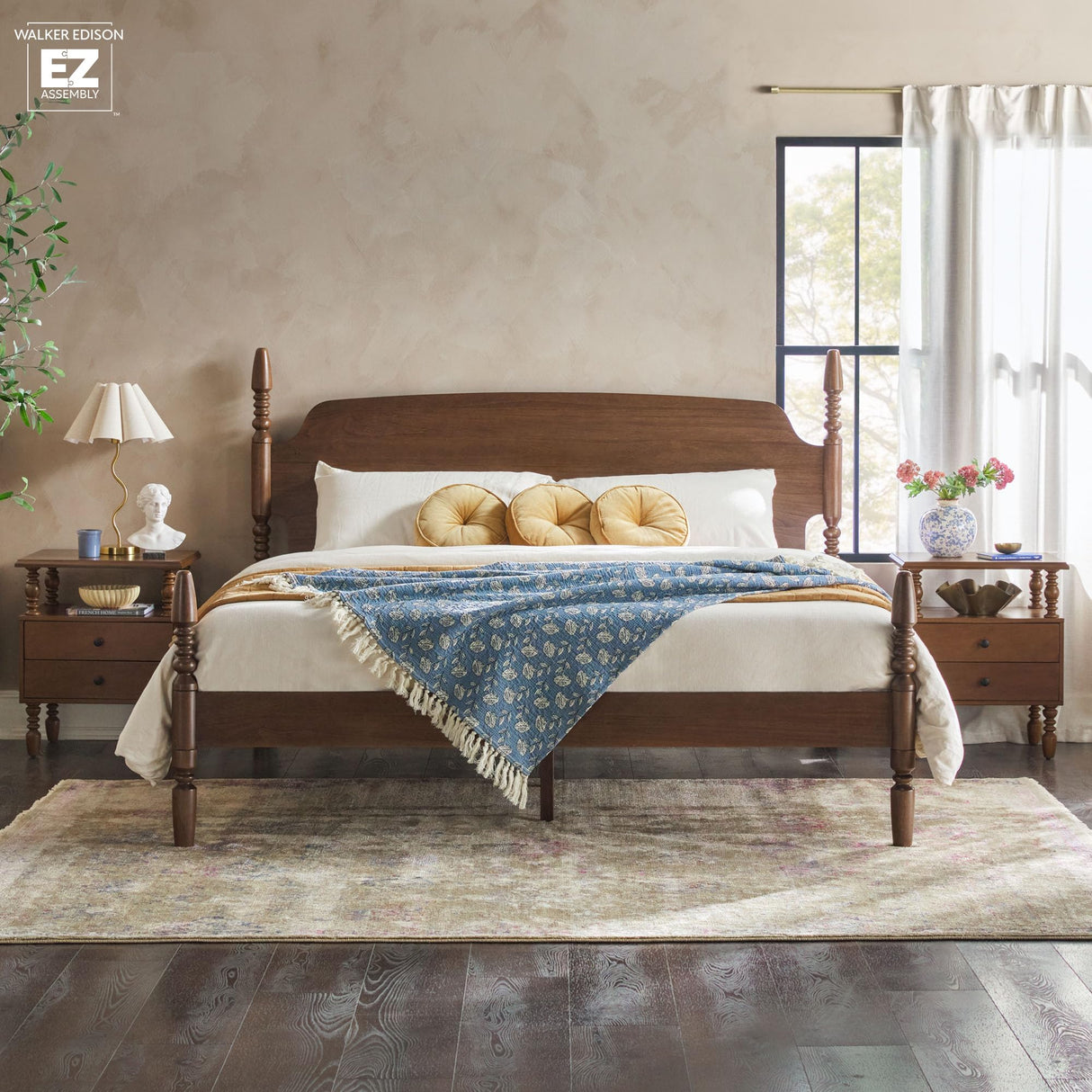 Walker Edison EZ Assembly Traditional Wood Spindle Post Bed, No Box Spring Bed Frame, Modern Farmhouse Bed, King Size, Dark Brown Walker Edison