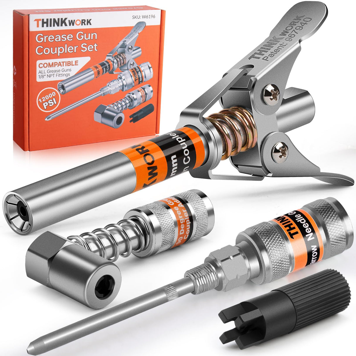 THINKWORK Grease Gun Coupler Set, Double Handle Extra Reach Strong Lock on Greases Gun Couplers with 90°Grease Coupler Adaptor, 12000 PSI Compatible with All Grease Guns 1/8" NPT Grease Gun Fitting THINKWORK