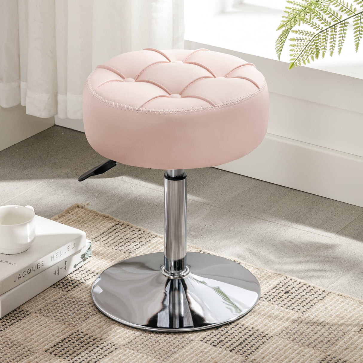 LUE BONA Adjustable Vanity Stool, 360°Swivel Vanity Chair Stool for Makeup Room, Pink Stool Chair for Vanity, Small Faux Leather Vanity Stool for Bathroom, Living Room LUE BONA