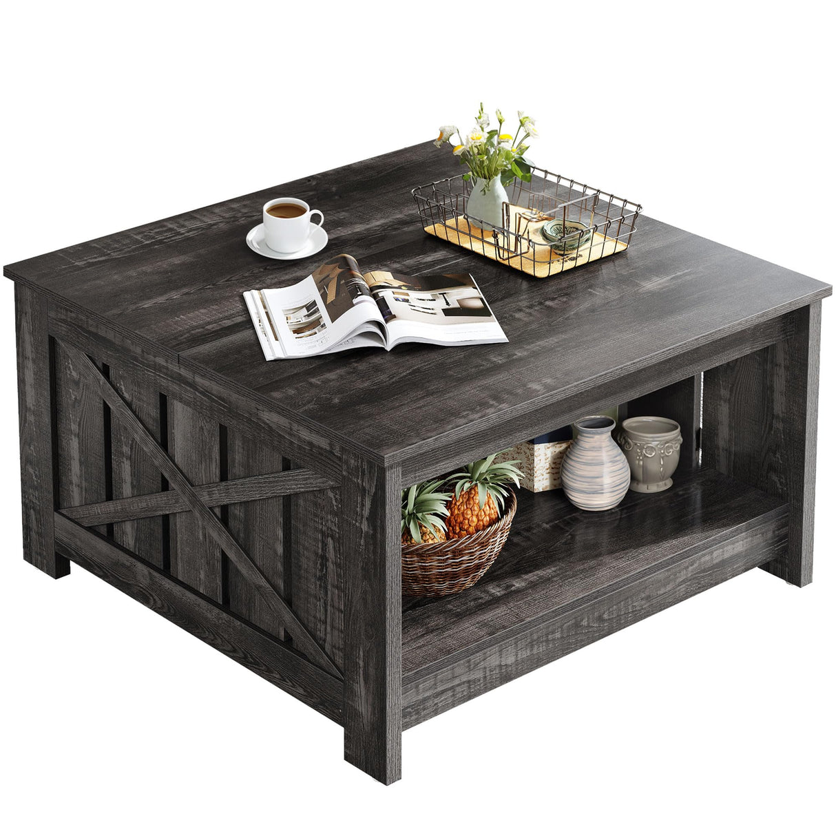 DWVO Square Coffee Tables for Living Room Farmhouse Coffee Table with Storage, 2-Tier Wood Center Table with Half Open Storage Compartment, Dark Rustic Oak DWVO