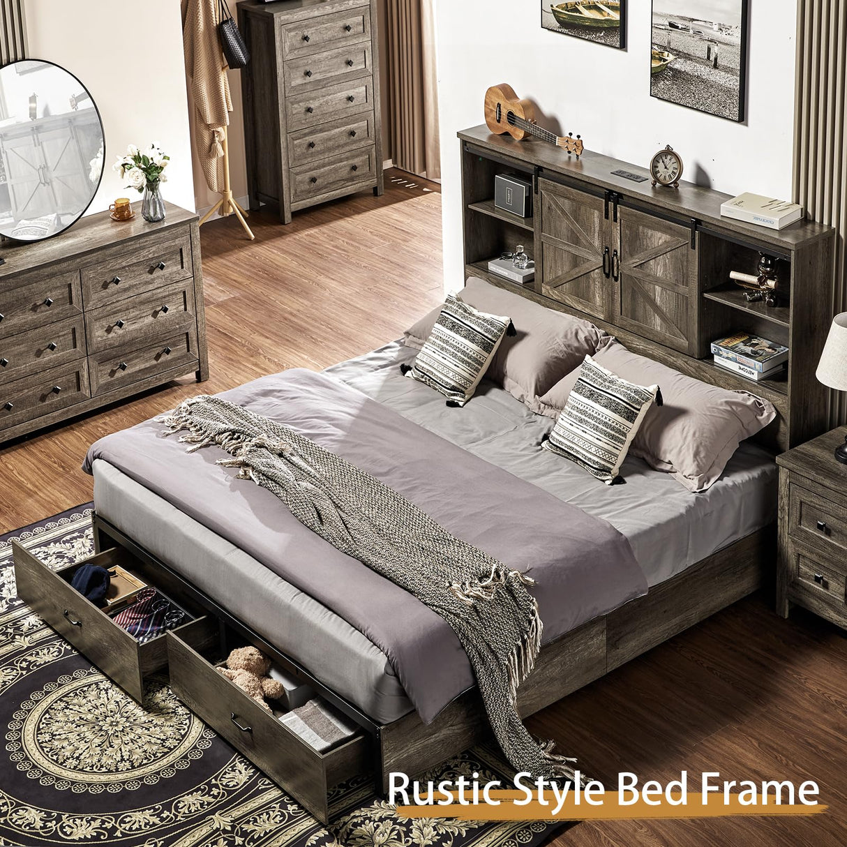 VanAcc Rustic Grey Queen Size Wooden Platform Bed Frame with Bookcase Headboard & Storage Drawers VanAcc