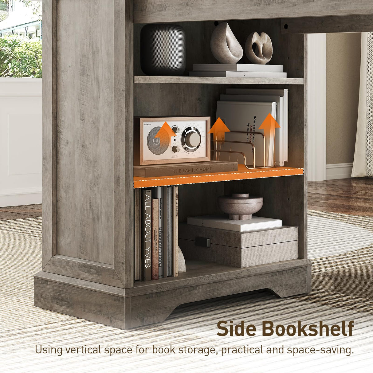 RALGEND 55'' Farmhouse Executive Desk with Drawers, Home Office Desk with File Cabinet and Storage Shelf, Charging Station, Computer Desk with Monitor Stand, Writing Gaming Desk, Greige RALGEND