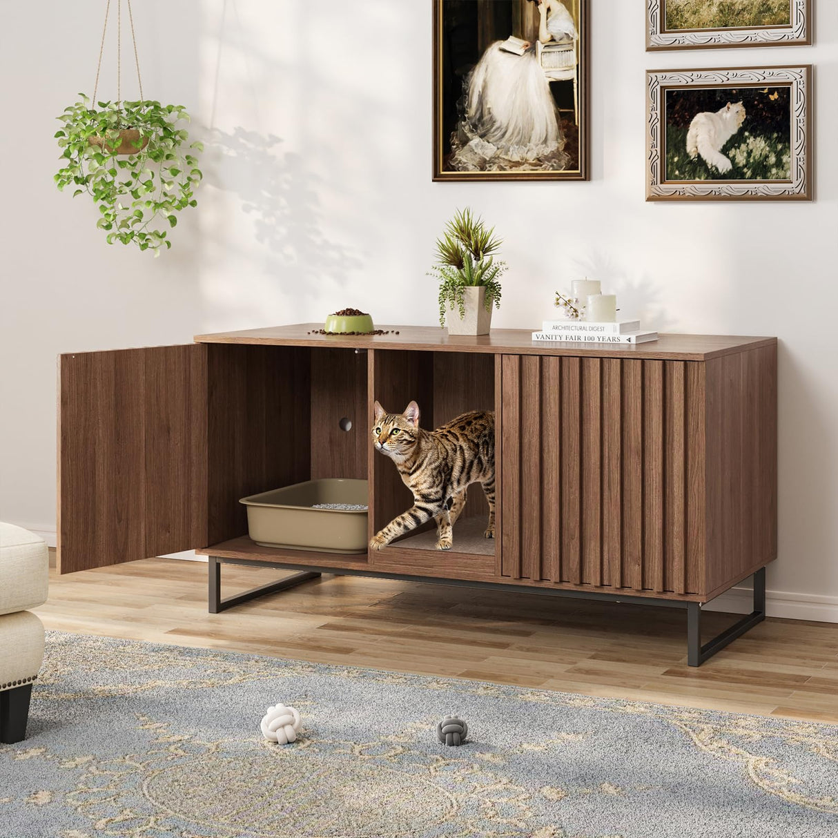 Vabches 47.2” Large Cat Litter Box Enclosure with Scratch Pad, Double Hidden Wooden Indoor Cat House, TV Stand Side Table Pet Washroom Furniture for 2 Cats, Walnut Vabches