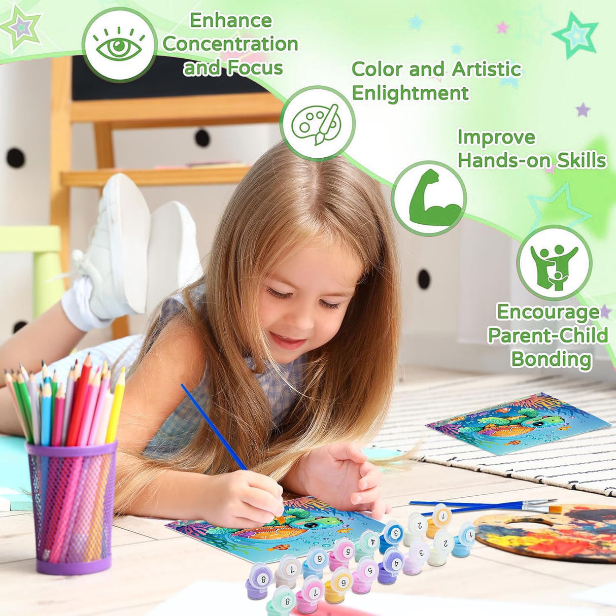 cviokrdu Turtles Paint by Numbers Kit for Kids with Frame - Wooden Easel, Sea Animals Paint by Numbers for Kids Ages 4 8 12, Easy Acrylic Oil Painting Kits for Home Wall Decoration 8x8 inch cviokrdu