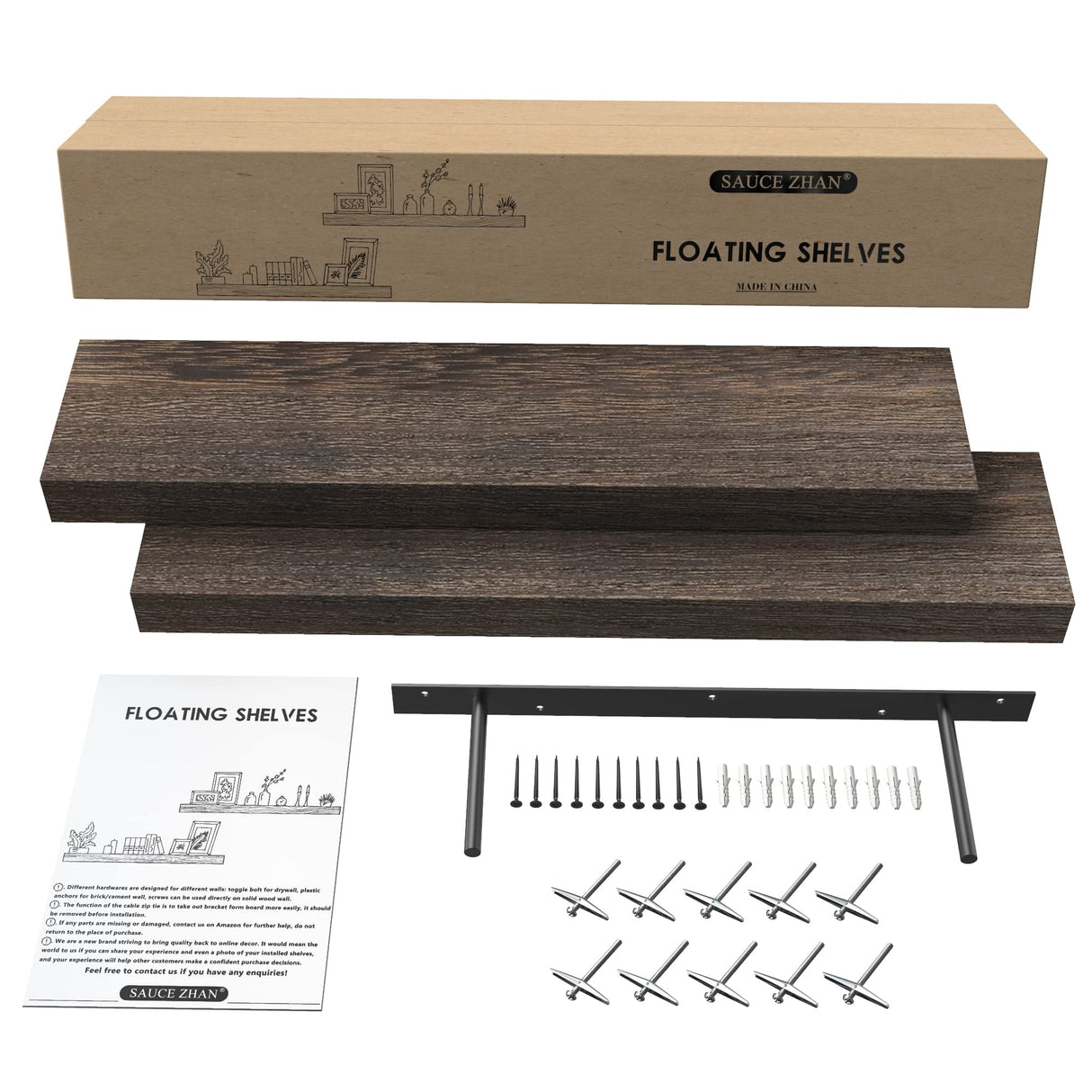 SAUCE ZHAN Floating Shelves 24 inch Rustic Natural Wood Wall Shelf Set of 2 Open Shelving Farmhouse Live Edge Light Wooden Wall Mounted Decor for Bathroom, Living Room, Bedroom, Kitchen, Dark Brown SAUCE ZHAN