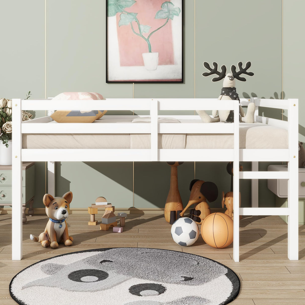 Bellemave Low Loft Bed, Wood Full Loft Bed Frame with Guardrail for Kids Boys Girls, No Box Spring Needed, White Bellemave