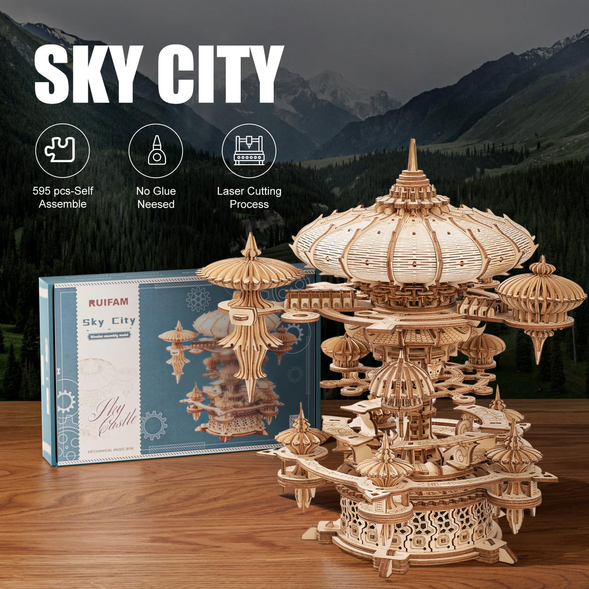 RUIFAM 3D Wooden Puzzles for Adults, SkyCity Music Box Model Kit, 600+ Pcs Cityscape Design, Challenging Mechanical DIY Craft, STEM Toy and Unique Gift for All Occasions RUIFAM