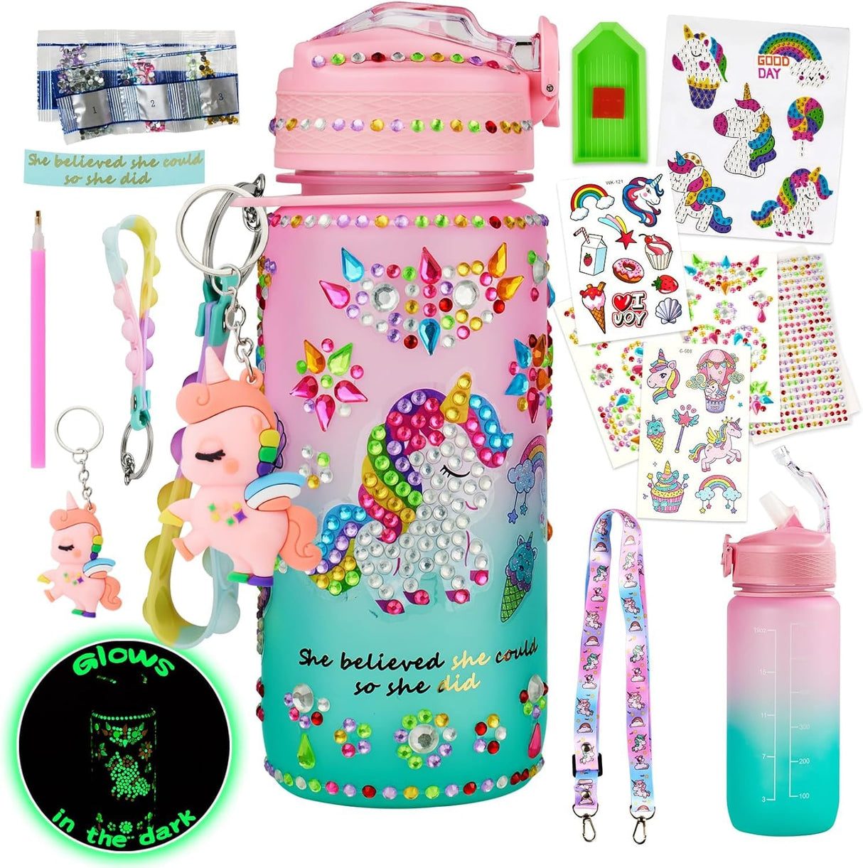 Glow in The Dark Decorate Your Own Water Bottle Kit,Unicorn Toy Gift for 4-6-8-10-12 Year Old Girl,Craft Toy for Age 3 4 5 6 7 8 9 10 Girl,Kid Teen Water Bottle Sticker for School Christmas Birthday Bemetu