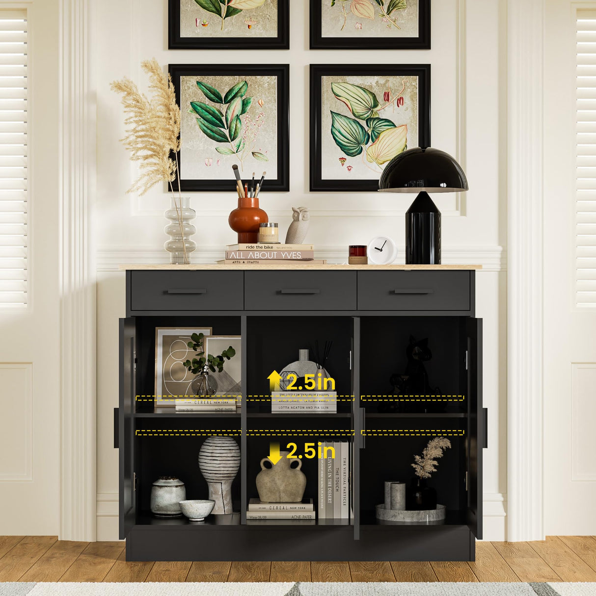 Anystyle 43.3" W Black Buffet Cabinet, Coffee Bar Cabinet with 3 Drawers & 3 Doors, Kitchen Buffet Sideboard for Living Room, Kitchen Anystyle