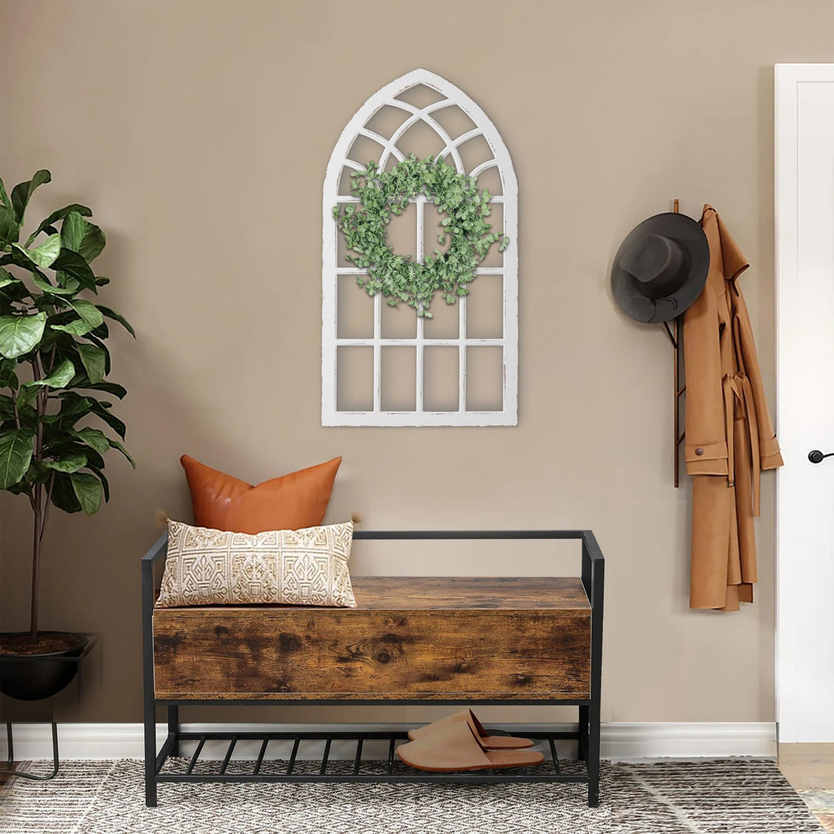 Sintosin Large Farmhouse Arched Window Frame Wall Decor 44 X 24 Inch, Hanging Distressed White Window Pane Wall Decor Living Room, Rustic Wooden Faux Windows for Bedroom Fireplace Entryway Sintosin