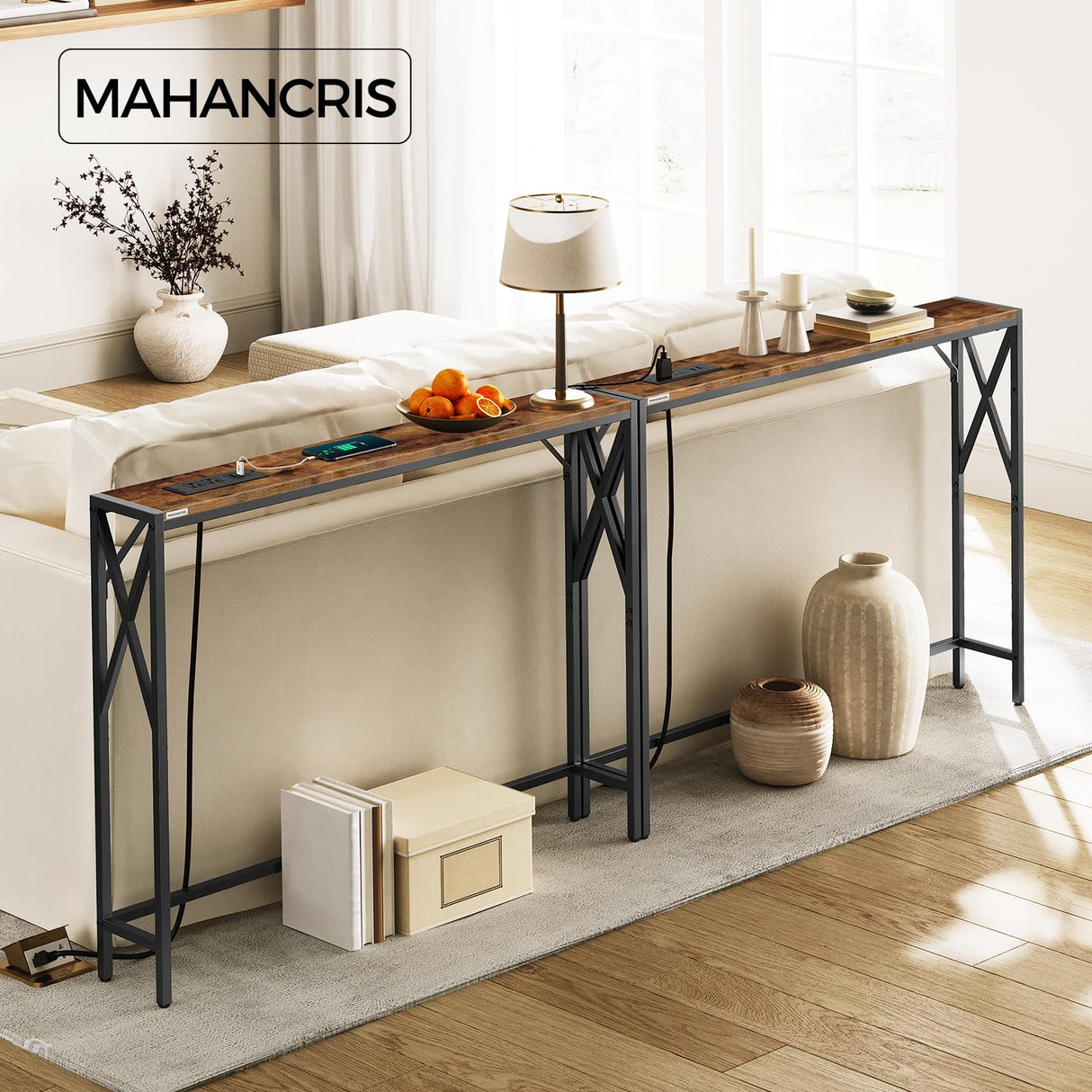 MAHANCRIS 2 Pack Narrow Sofa Table with Charging Station, 39.4" L x 5.9" W x 29" H, Skinny Console Table, Long Entryway Table, Hallway Table, Couch Table with Power Outlets, Rustic Brown CTHR151E01S2 MAHANCRIS