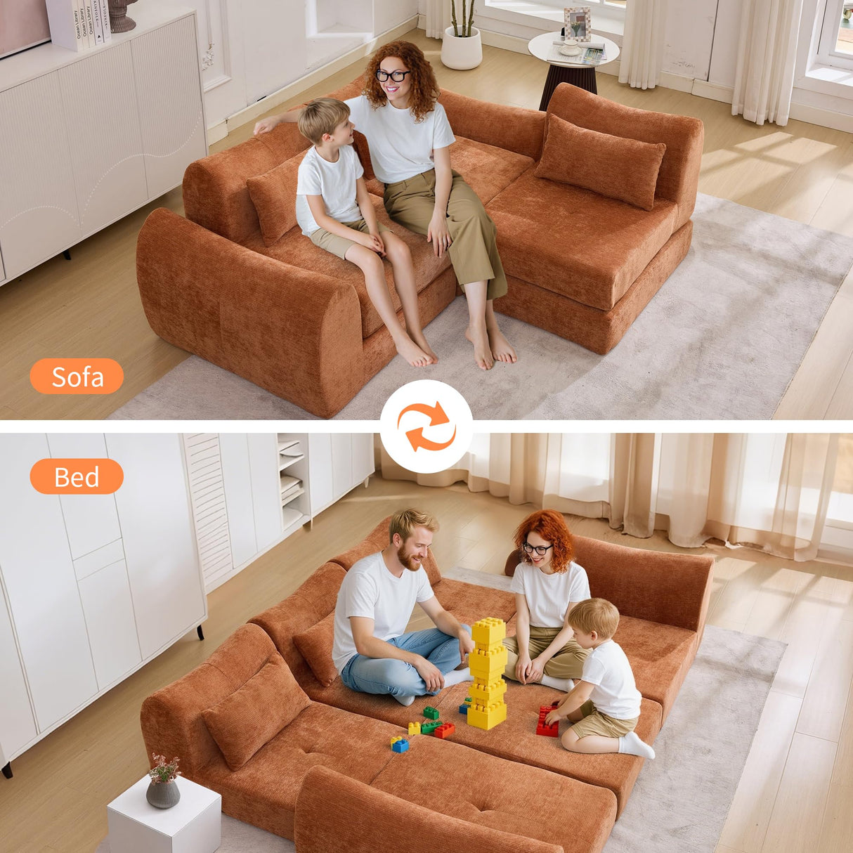 MAXMAXX 102" Modular Sectional Cloud Sofa,4-in-1 Folding Convertible Sofa Bed, Floor Boneless Couch, Modular Cushion Couch,Suitable for Living Room,Bedroom and Recreation Room(Orange) MAXMXX