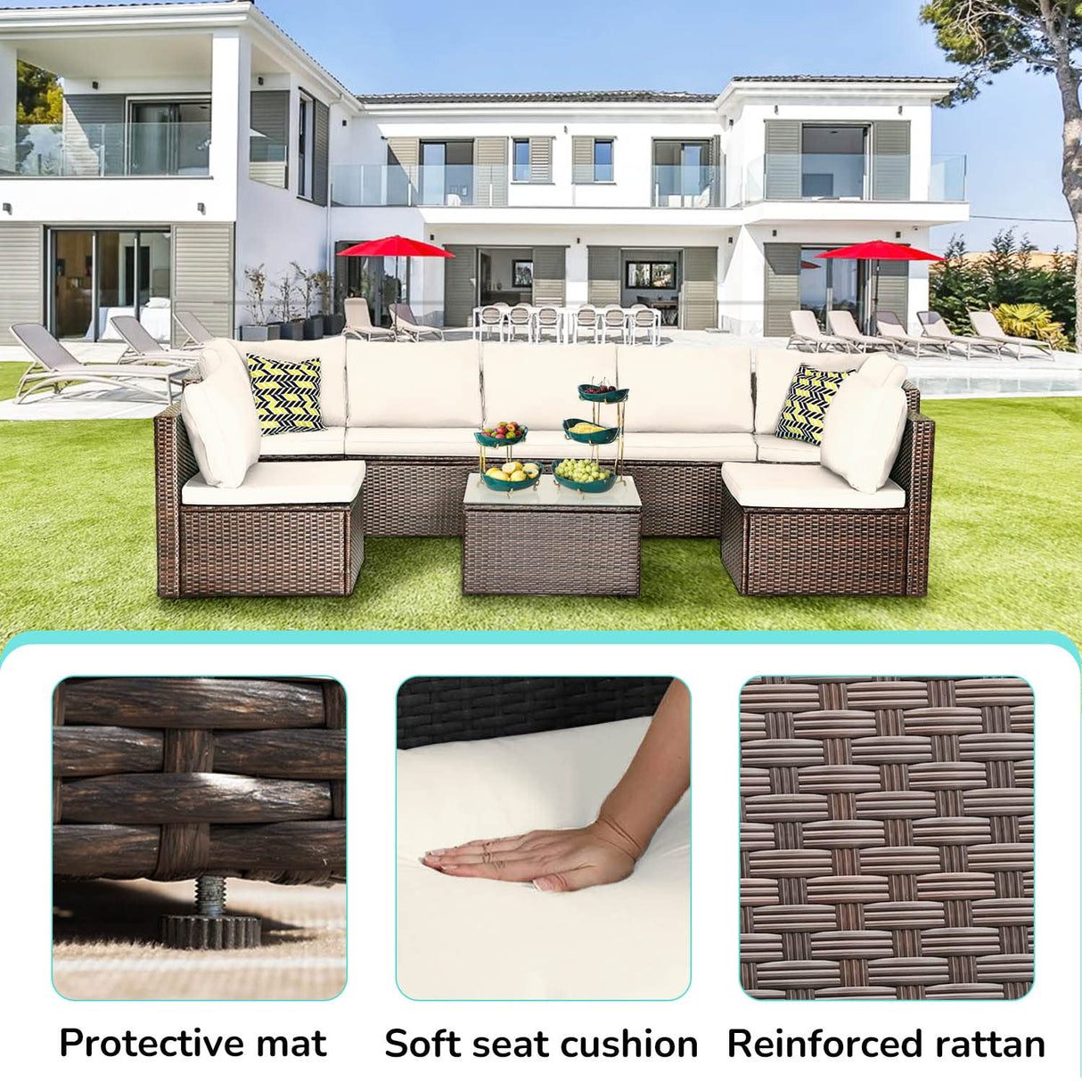 PayLessHere 8 Piece Patio Furniture Set Outdoor Furniture Sectional Sofa Set Rattan Wicker Conversation Set Coffee Table Khaki Cushion for Backyard Porch Balcony Poolside Garden PayLessHere