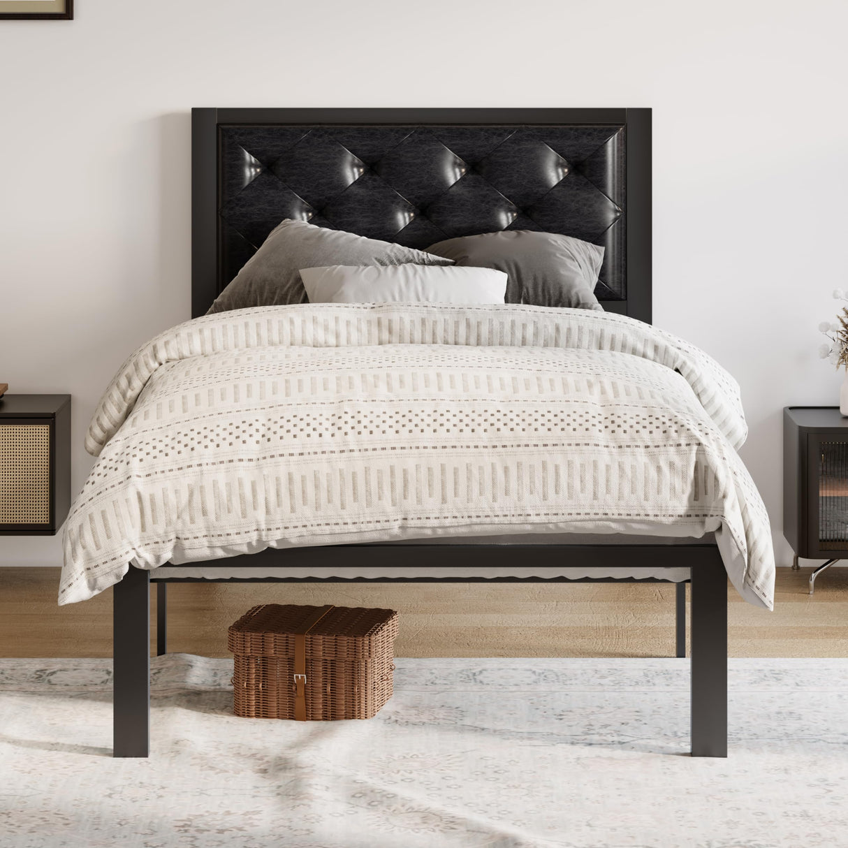 Allewie Twin Bed Frame with Faux Leather Upholstered Headboard, Chic Diamond Stitched Tufted Design, No Box Spring Needed, Black Allewie