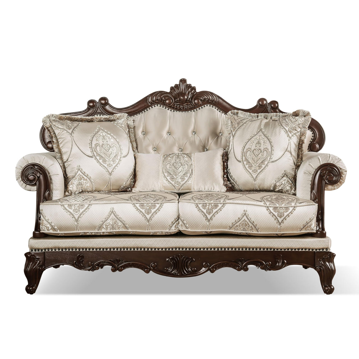 Furniture of America Adelaide Traditional Upholstered Sofa with Rolled Armrests and Button Tufted Back, Wooden Comfortable Couch for Living Room, Office, Bedroom, 2-Seater Loveseat, Dark Cherry/Beige Furniture of America