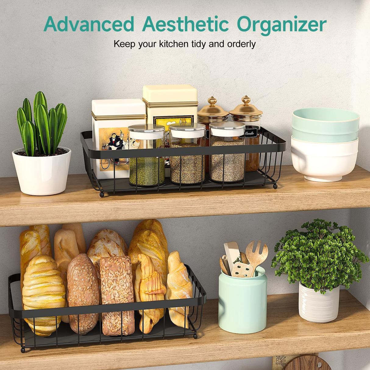 Sevenblue 2 Tier Fruit Basket for Kitchen Counter with 2 Banana Hangers, 2025 Pro Detachable Metal Fruit Bowl with Wooden Handle,Fruit Holder for Bread Snack Veggies, Black Sevenblue