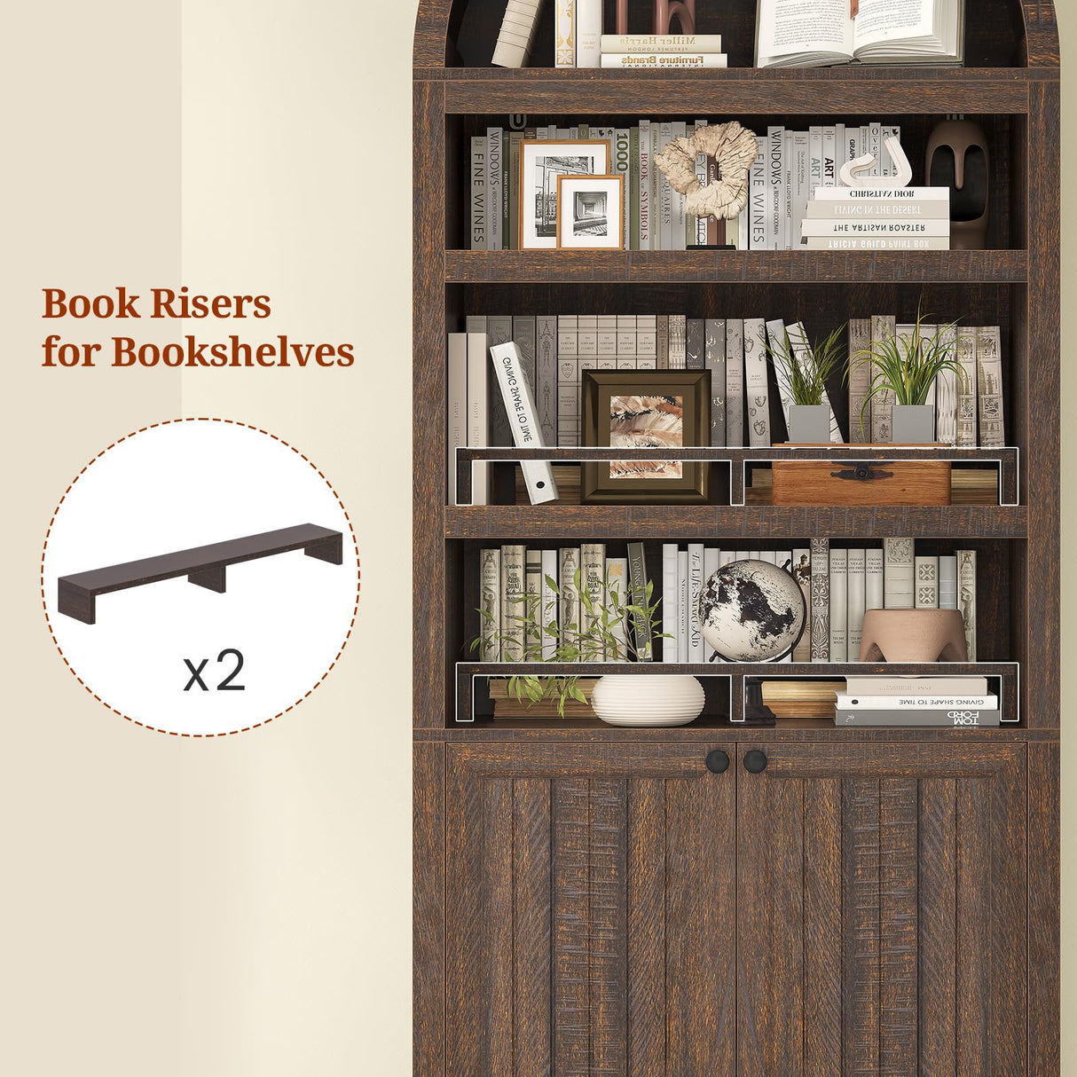 81" Tall Arched Cabinets,Bookcase with storage,Mid-Century Modern 6-Tier Bookshelf with Door,2 Book Risers and Adjustable Shelves offering more storage space for Living Room,Kitchen,Home Office,Walnut UPOSOJA