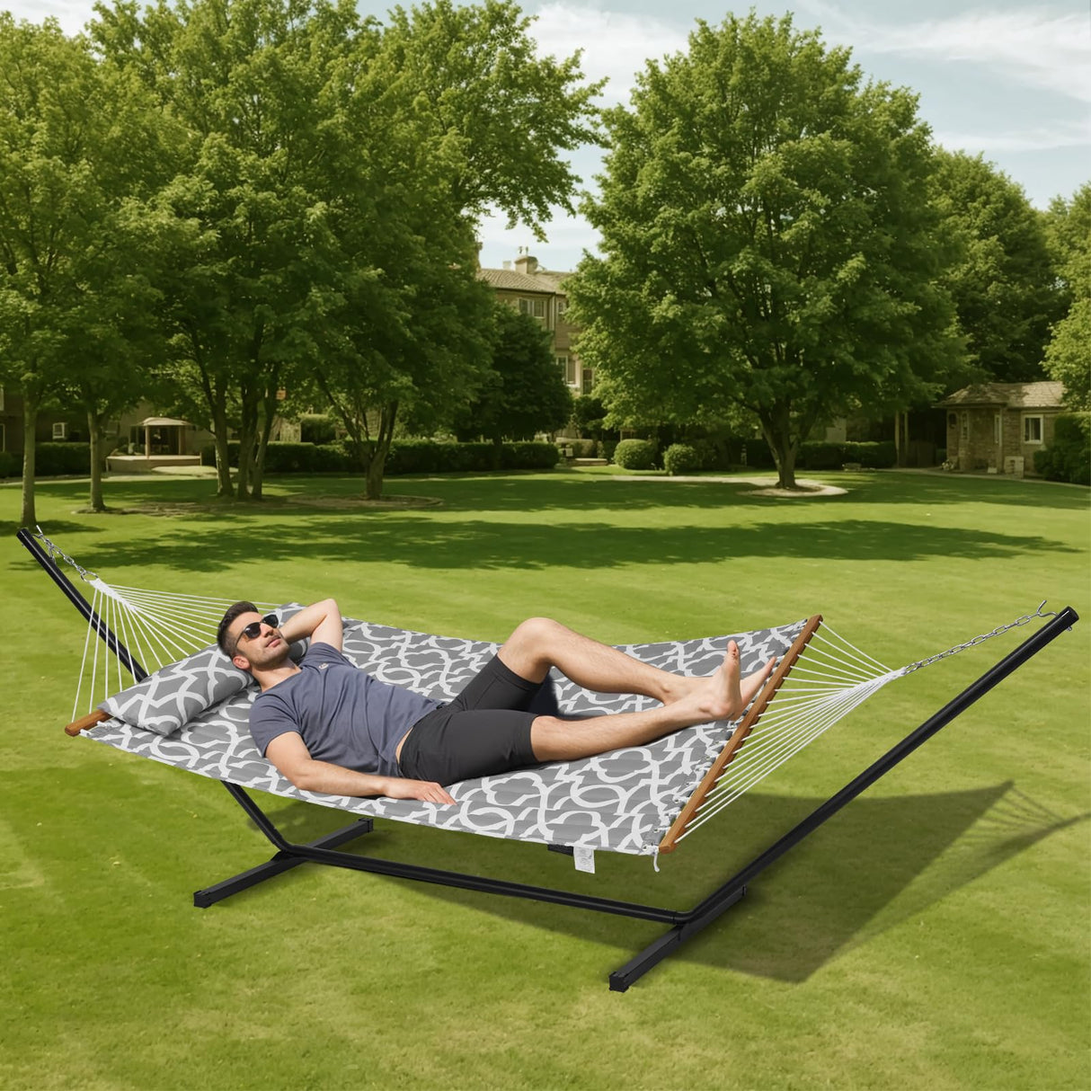 VEVOR Double Hammock with Stand Outdoor 2 Person Hammock for Outside Heavy Duty 480lb Large Free Standing Hammock Double Quilted Fabric Hammock with Portable Stand, Detachable Pillow & Bag VEVOR