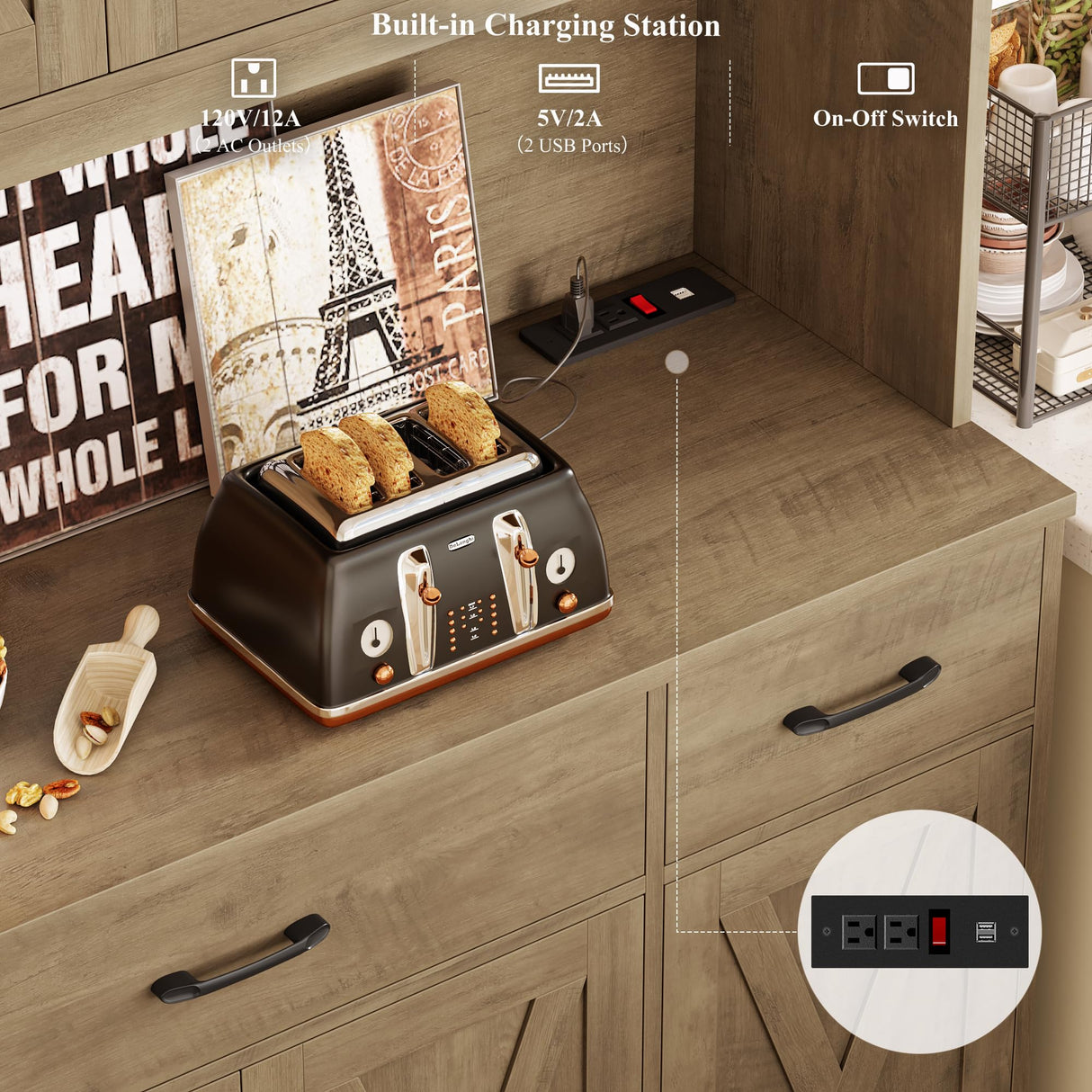 HOSTACK 71" Tall Kitchen Pantry Storage Cabinet with Charging Station, 55" Wide Kitchen Hutch Cabinet with Large Countertop, Farmhouse Food Pantry with Drawers for Living Room (Rustic Brown) HOSTACK