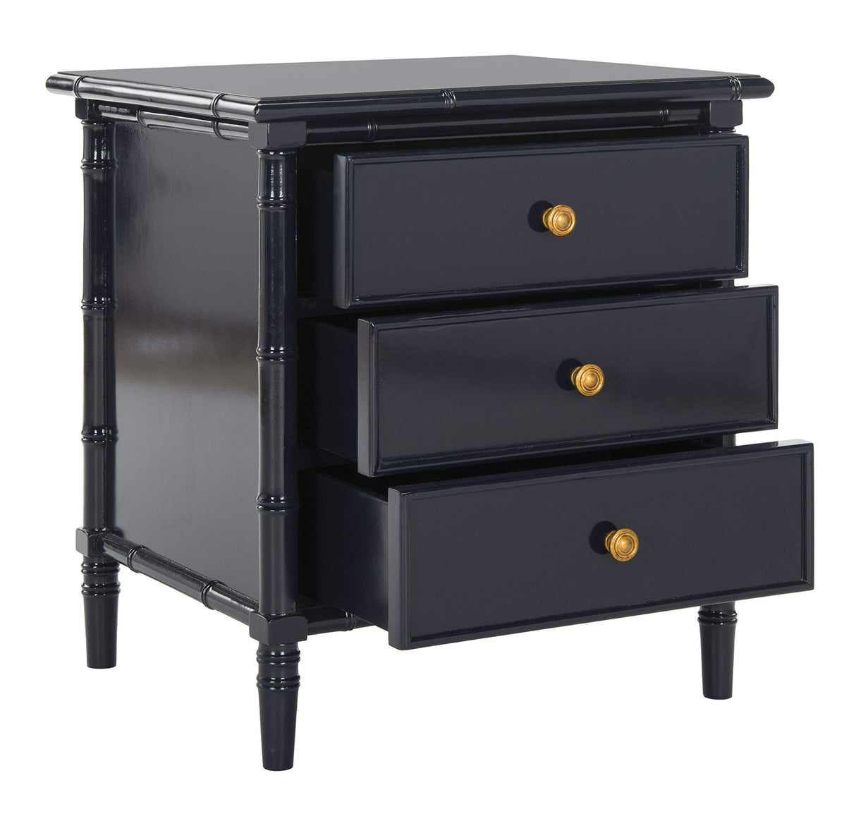 SAFAVIEH Home Collection Mina Modern Coastal 3 Drawer 25" Bamboo Nightstand, Navy/Gold Safavieh