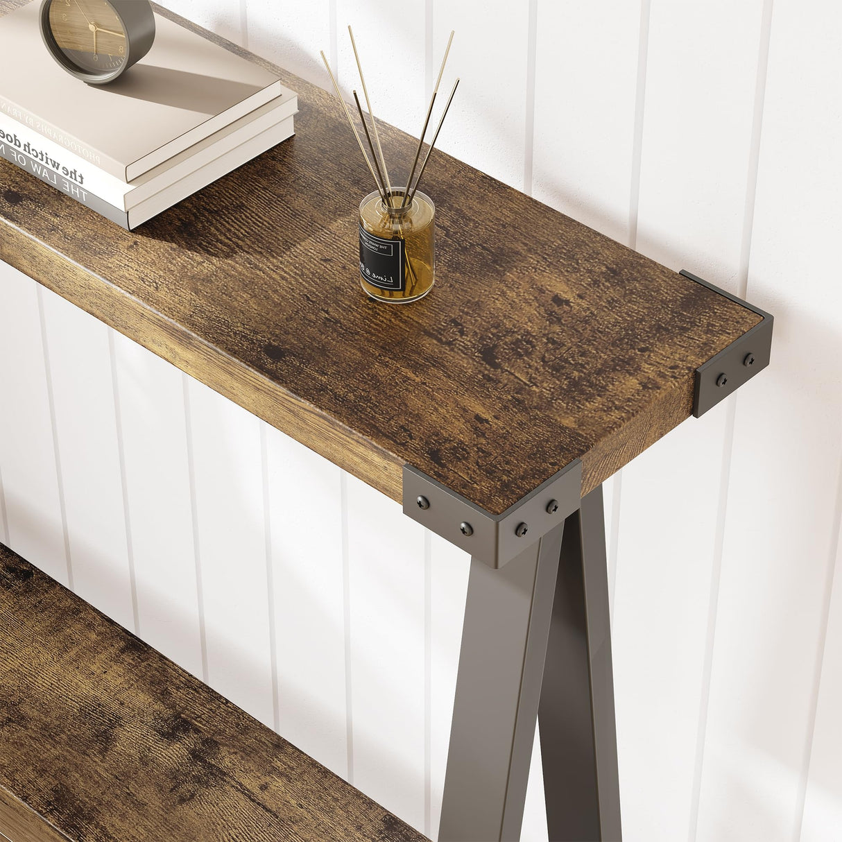 GAOMON Farmhouse Console Table, 43.3" Entryway Table with Storage, 2 Tier Sofa Table with Metal Frame and MDF, Behind Couch Table for Living Room, Hallway, Entryway-Rustic Brown GAOMON