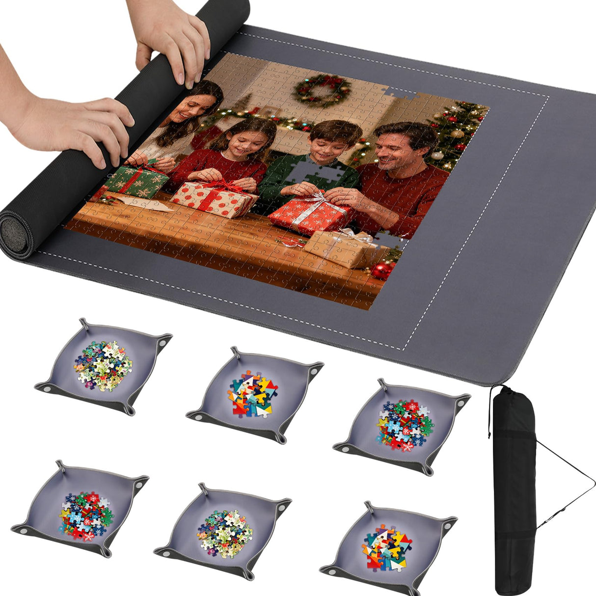 Bullro Jigsaw Puzzle Mat Roll Up 46" x 26", Roll Up Puzzle Mat Up to 1500 Pieces Puzzles with 6 Sorting Trays and Travel Storage Bag, Puzzle Mat with Non-Slip Rubber Bottom & Smooth Top