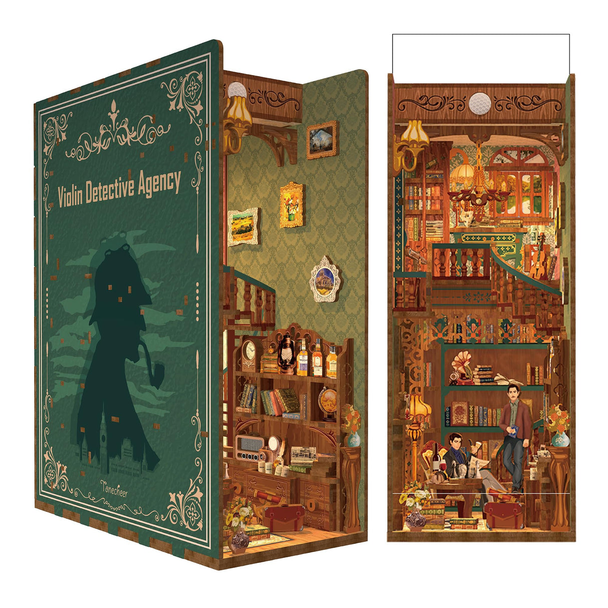Tonecheer DIY Book Nook Kit for Adults, Wooden 3D Puzzle Bookend Bookshelf Insert Decor, Detective Booknook Miniature House Kit with Dust Cover and Body Motion Sensor LED (Violin Detective Agency) Tonecheer