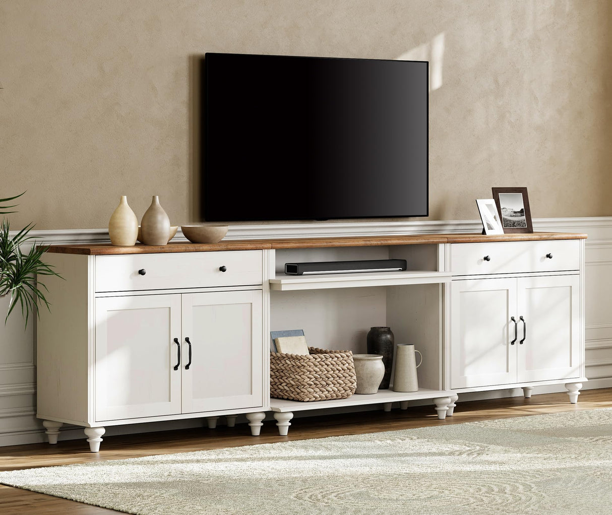 WAMPAT Farmhouse TV Stand for TVs up to 100'', Home Entertainment Center with 8 Storages for 75/80/85/90 inch TV, Large TV Console Table for Living Room, Bedroom, White WAMPAT