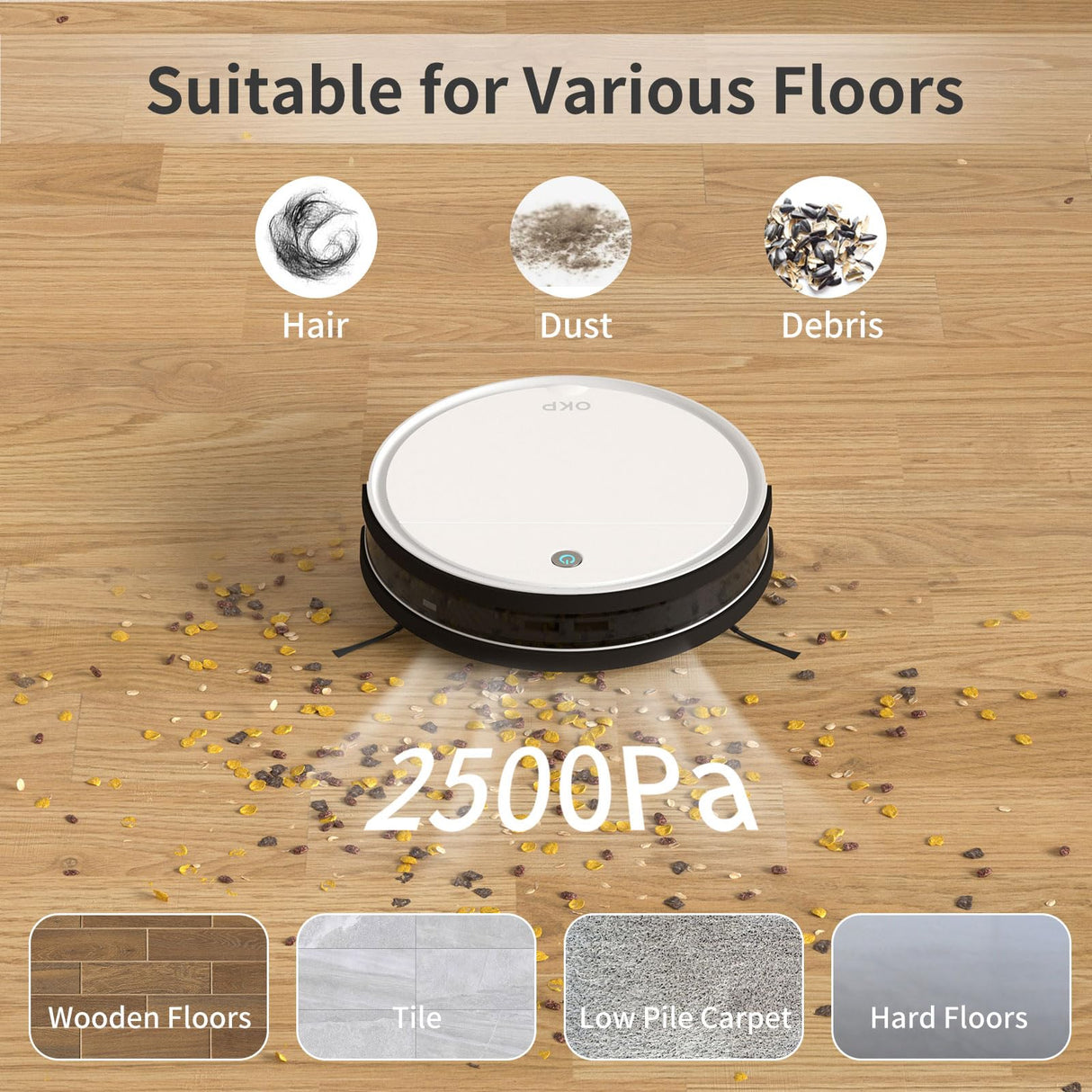 OKP Robot Vacuum Cleaner 2500Pa, 120 Min Runtime, Robotic Vacuum Cleaner with Schedule, WiFi/App/Alexa, Self-Charging, Slim Design, Quiet, Perfect for Hard Floors, Pet Hair, Carpets, K5 OKP