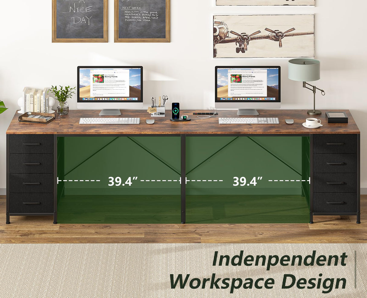 TVU 110" 2 Person Desk with 8 Drawers, Large Writing Home Office Desks with Outlets, I Shaped Workstation Double Desk Drawer Organizers (Rustic) TVU