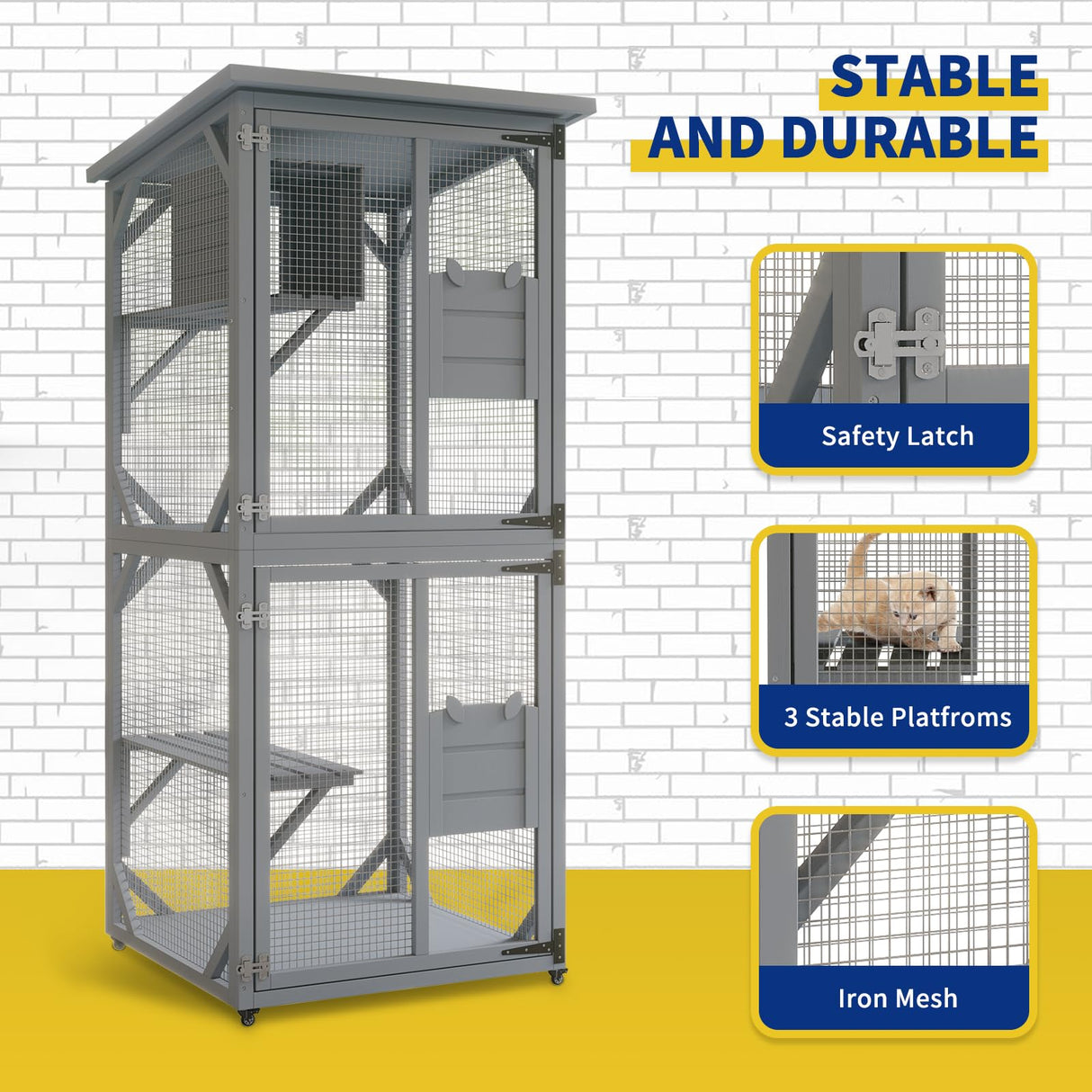 Catio, Outdoor Cat Enclosure with 3 Platforms, Outdoor Cat House with Fir Wood, Weatherproof Kitty Catio with Resting Box, 4 * 360° Wheels DEYGIA