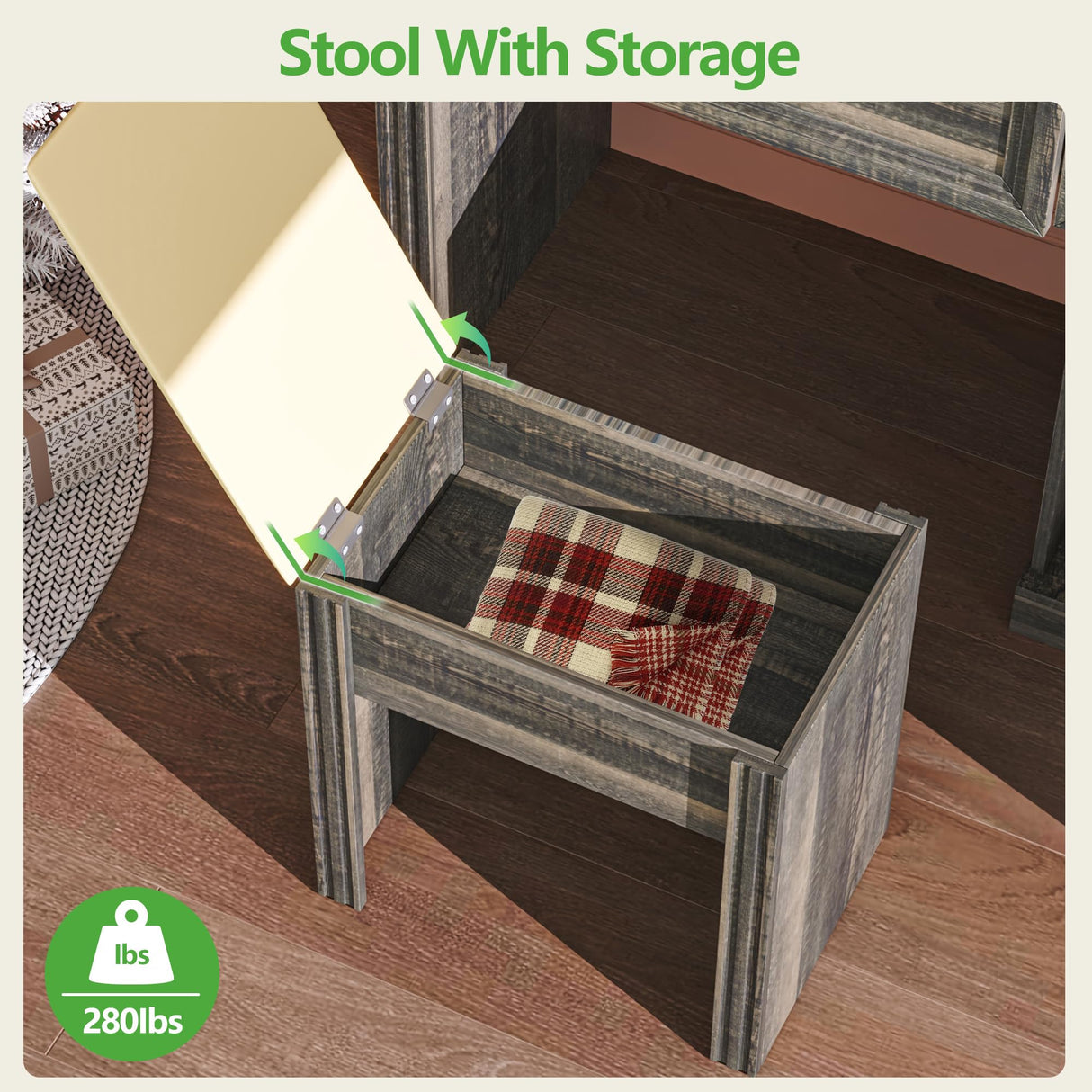 HNEBC Vanity Desk with Mirror and Lights, LED Makeup Vanity with Charging Station(USB+Type-C+2 Outlet), Farmhouse Vanitys Dressing Table with Drawer/11 Bulb,Vanity Chair with Storage (Rustic Brown) HNEBC