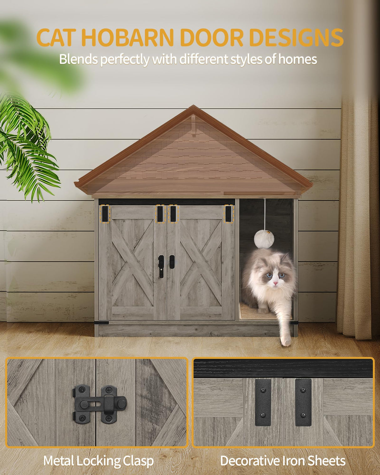 Hzuaneri Cat Litter Box Enclosure, Hidden Litter Box Cabinet Furniture with Cat Bell, Indoor Cat House, Farmhouse Style, 31.5 x 19.7 x 20.9Inches, for Hallway, Bedroom, Light Ivory CB82405X Hzuaneri