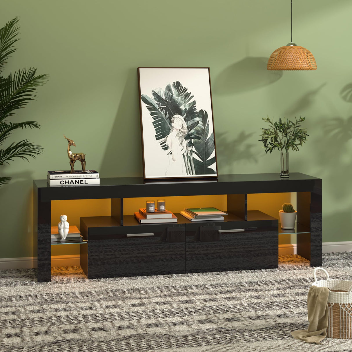 Clikuutory Modern LED 63 inch Long TV Stand with Large Storage Drawer for 50 55 60 65 70 75 Inch TVs, Black Wood TV Console with High Glossy Entertainment Center for Living Room, Bedroom, Black Clikuutory