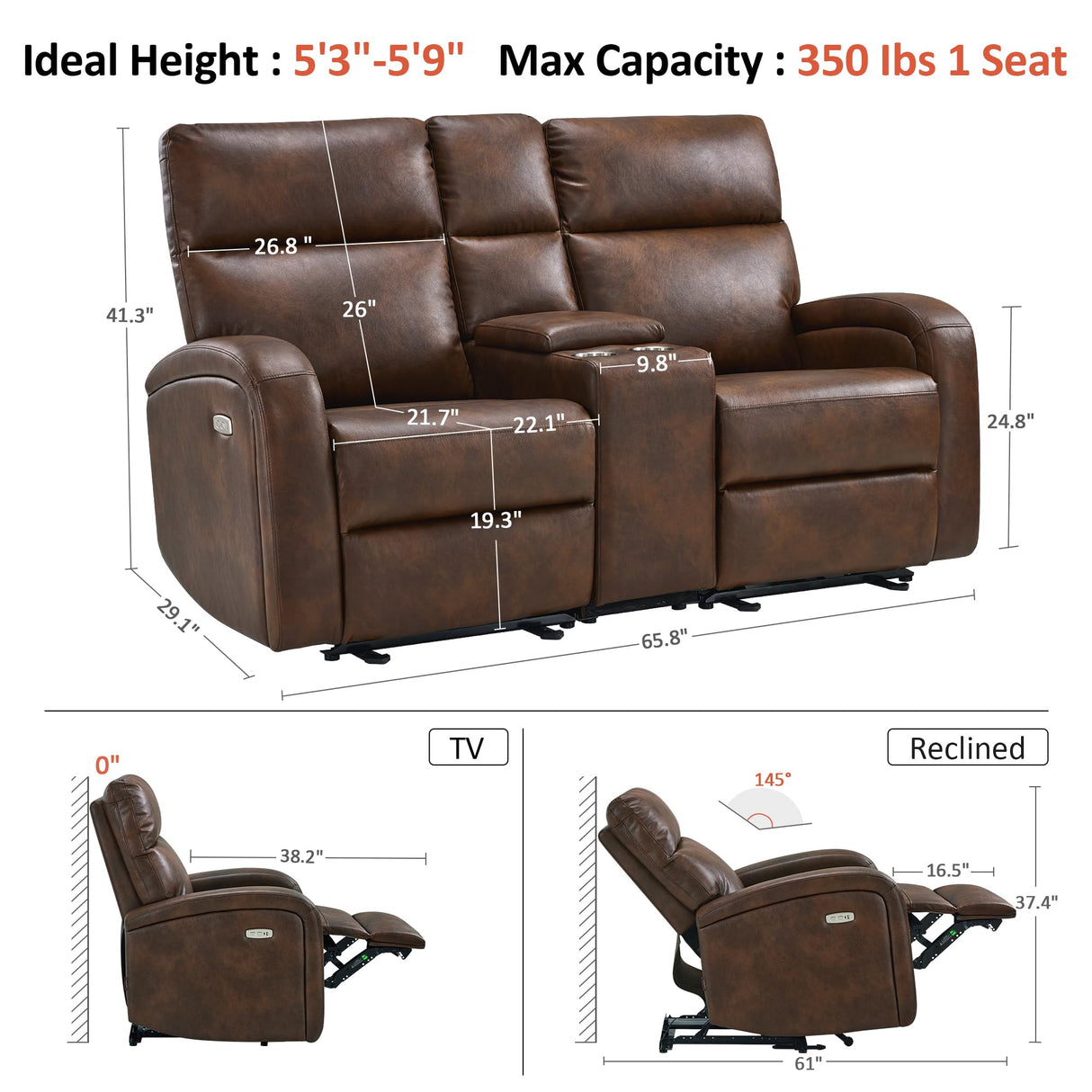 MCombo 65.7" Zero Wall Recliner Loveseat with Console, 2-Seat Power Wall Hugger Sofa with Cup Holders, USB & Type-C Dual Charge Ports, for Living Room, RV PR646M2 (Dark Brown, Loveseat with Console) MCombo