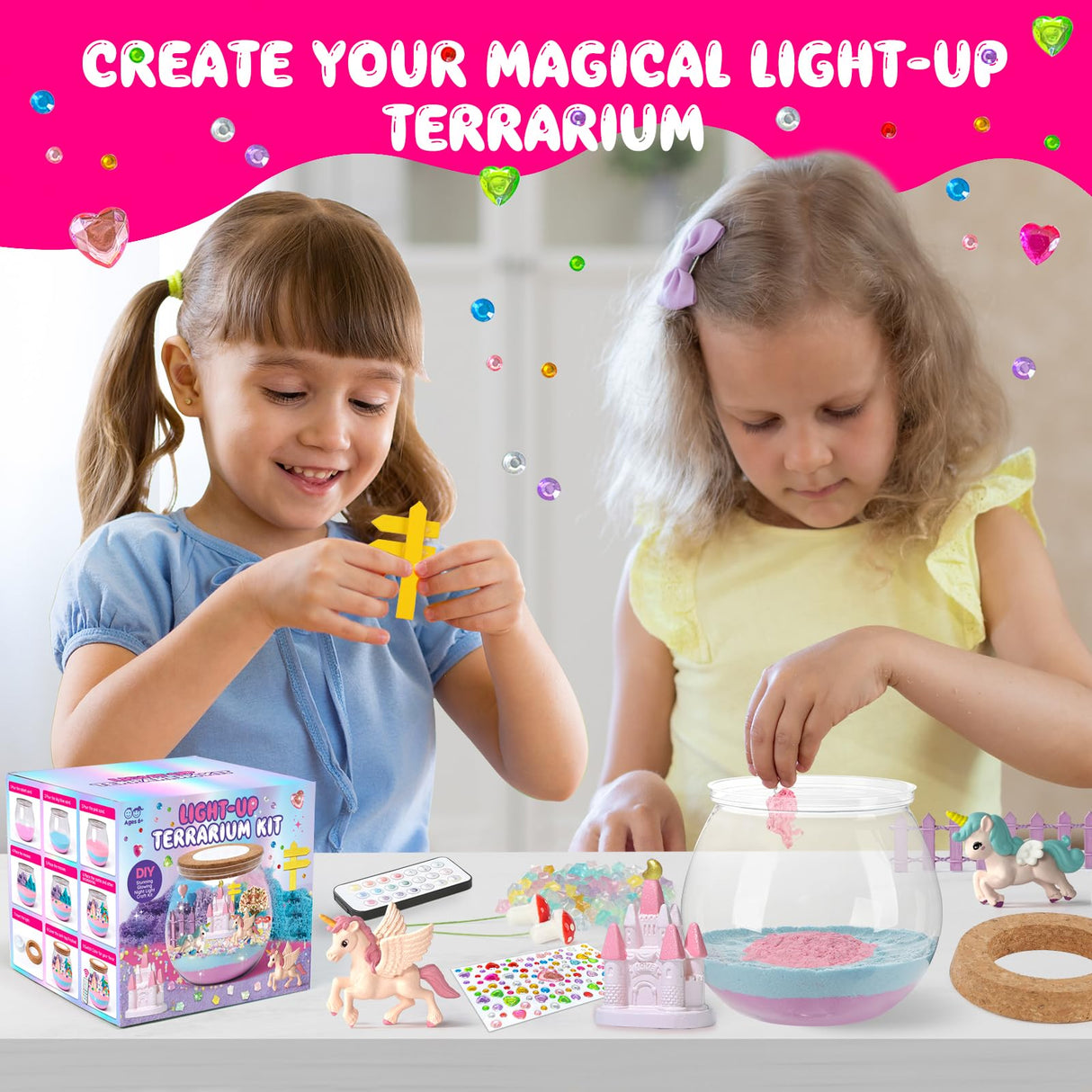 Unicorn Terrarium Crafts Kit for Kids: LED Night Light-Up DIY Toys with Remote – Fun Birthday Gifts for Girls Ages 5 6 7 8 9 10 Years Old – Creative Arts & Crafts Activity Set, Christmas Gift SparkleMe