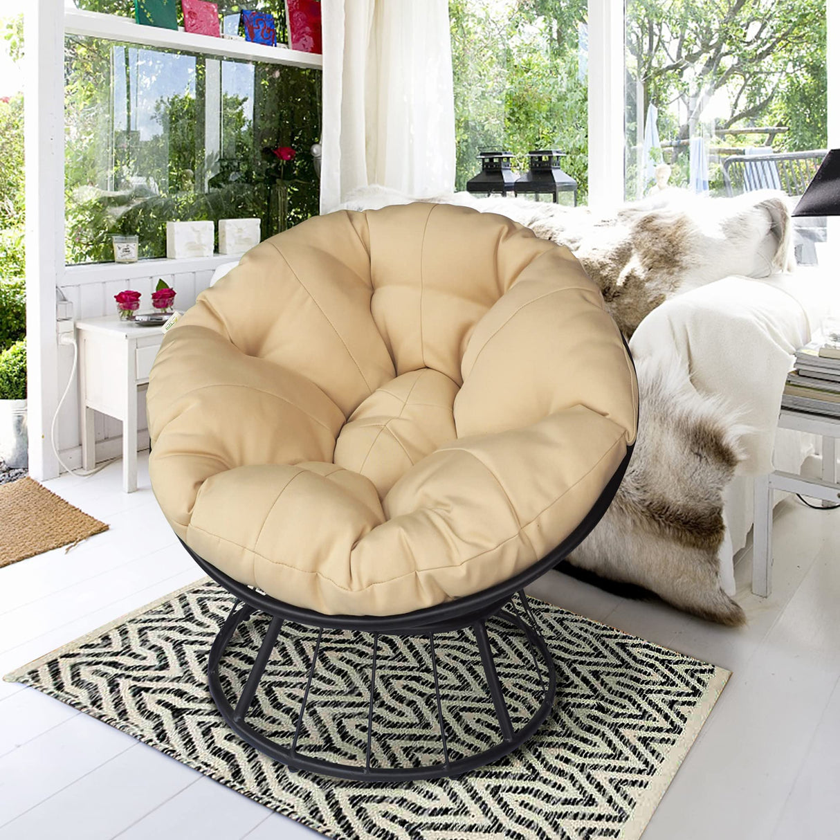 Skypatio Papasan Chair Swivel Patio Chair with Fluffy Cushion, Indoor/Outdoor Lounge Moon Chair Balcony Seats for Home, 35inch, Khaki Cushion Skypatio