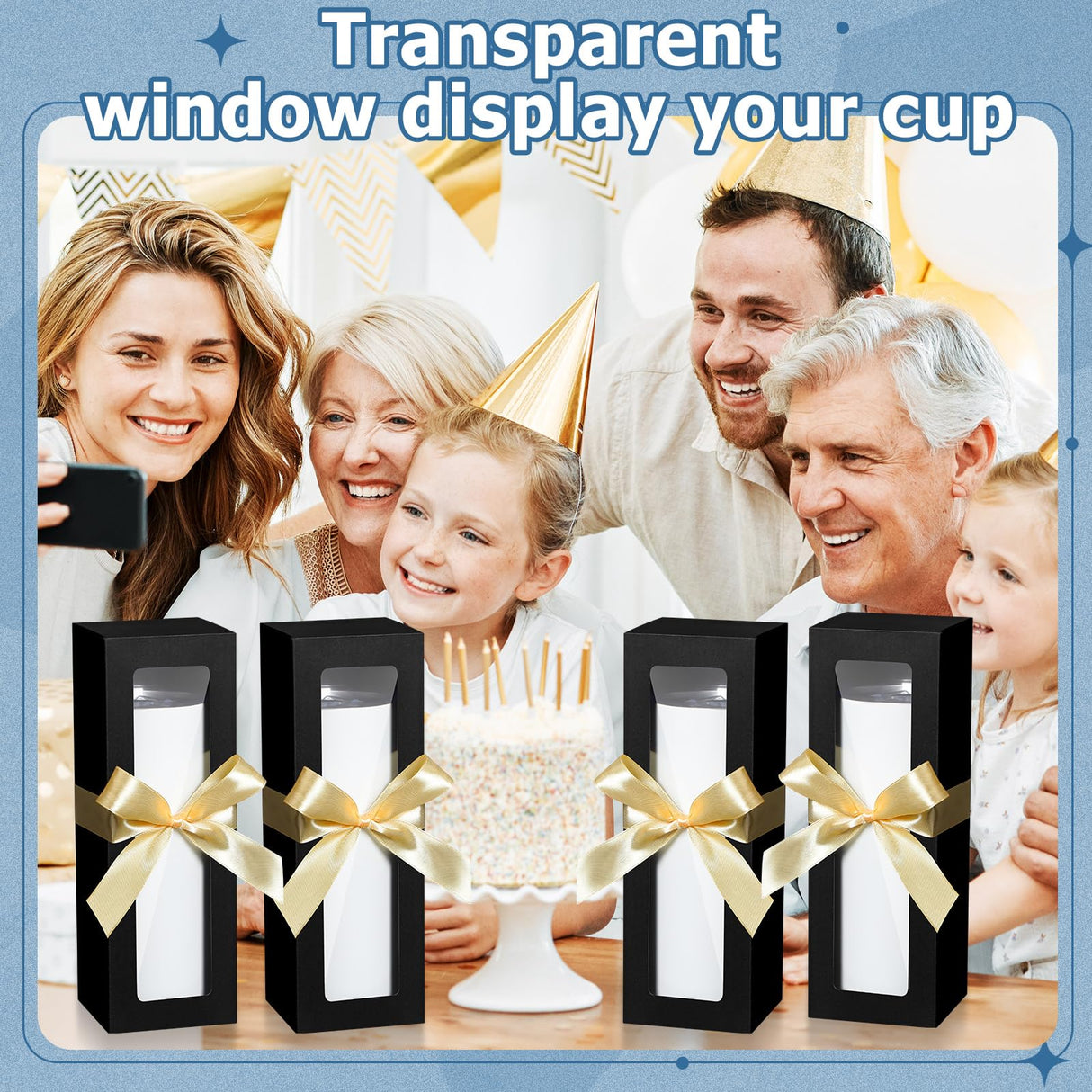 Honoson 24 Pcs Gift Boxes for Sublimation Tumblers Transparent Gift Box with Ribbon for 12oz, 20oz, 30oz Heat Press Sublimation Blanks Skinny Cup for Shipping Gift Wrapping (Black) Honoson