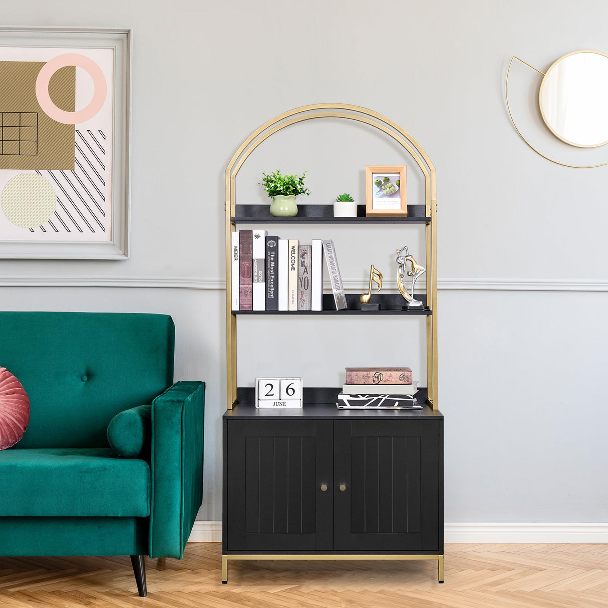 Homhedy Cat Litter Box Enclosure, Litter Box Furniture Hidden with 2-Tier Storage Shelves, Wooden Cat Washroom Furniture with Metal Frame, Cat House, Modern Style, Black and Gold Homhedy