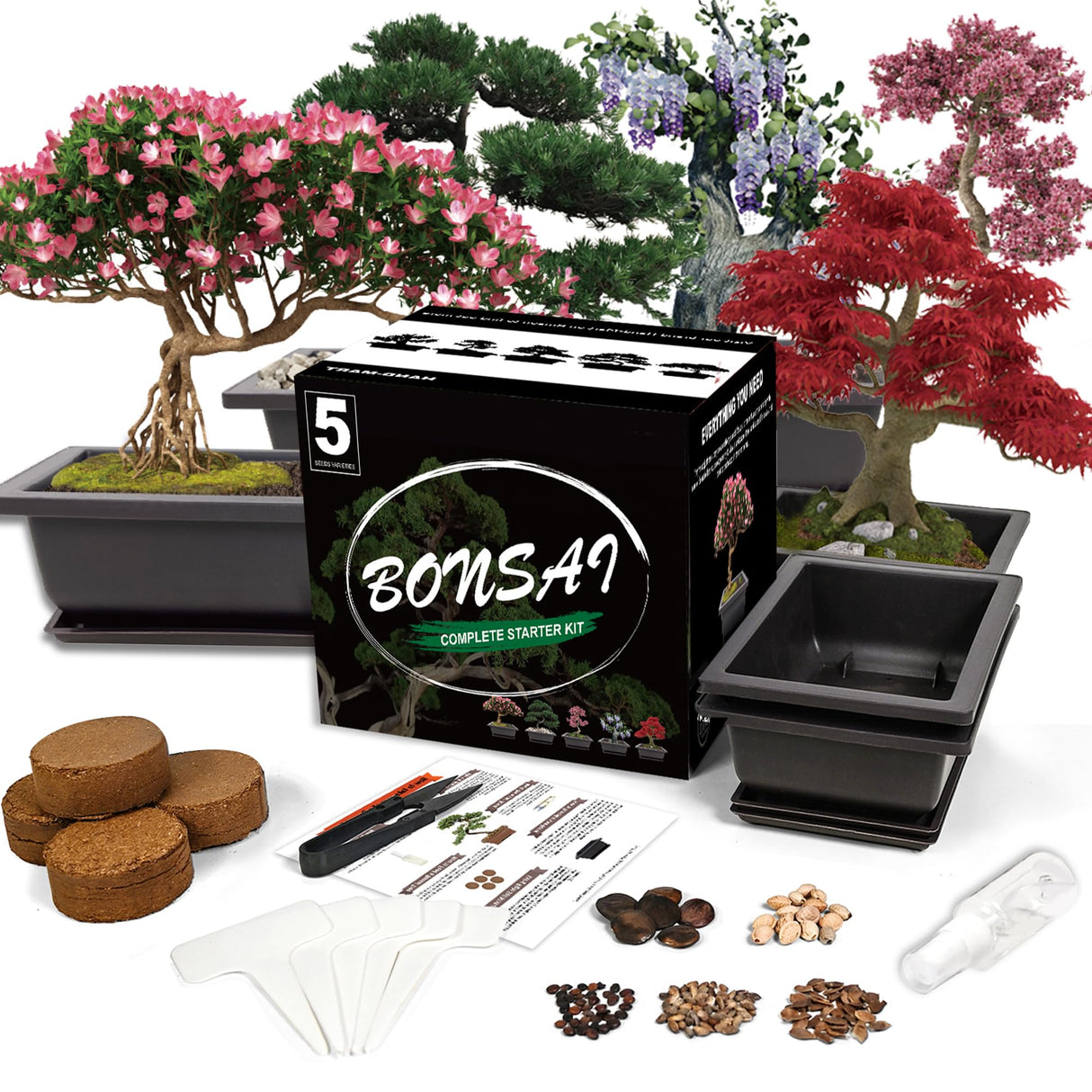 Sproutix Bonsai Starter Kit, 5 Seeds Growing into Acacia, Wisteria, Sakura, Red Maple and Black Pine, Including Complete Gardening Tools with A Gift Box, Christmas Gifts for Men Women Beginners SPROUTIX