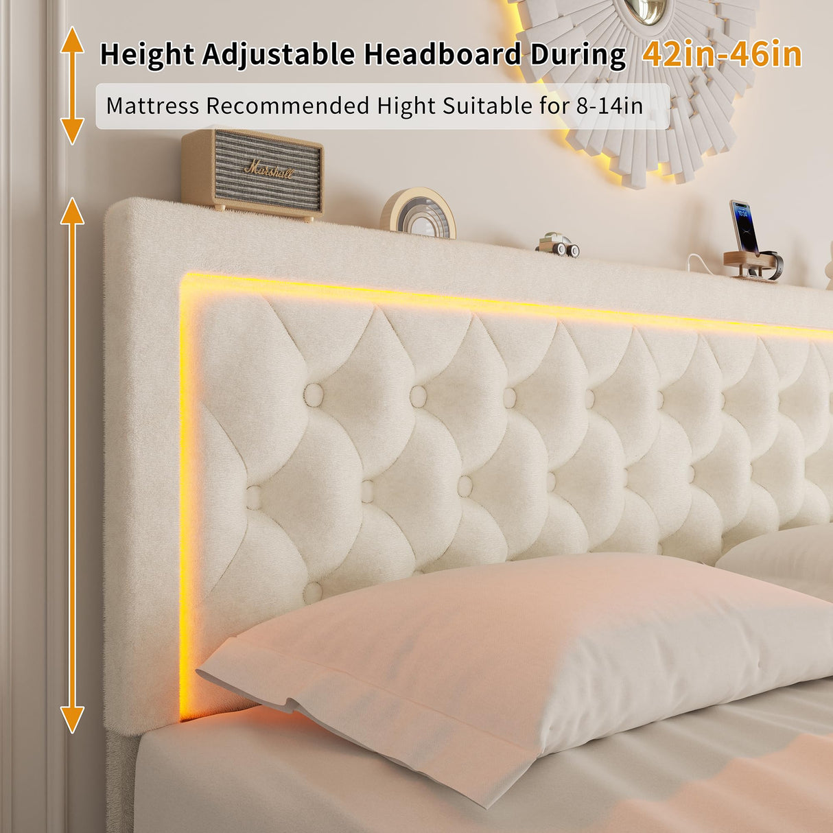 VOHOBY Queen Bed Frame with 4 Storage Drawers, Velvet Upholstered Bed Frame Queen Size with Charging Station and LED Lights, 46" Adjustable Button Tufted Headboard, No Box Spring Needed, Beige VOHOBY