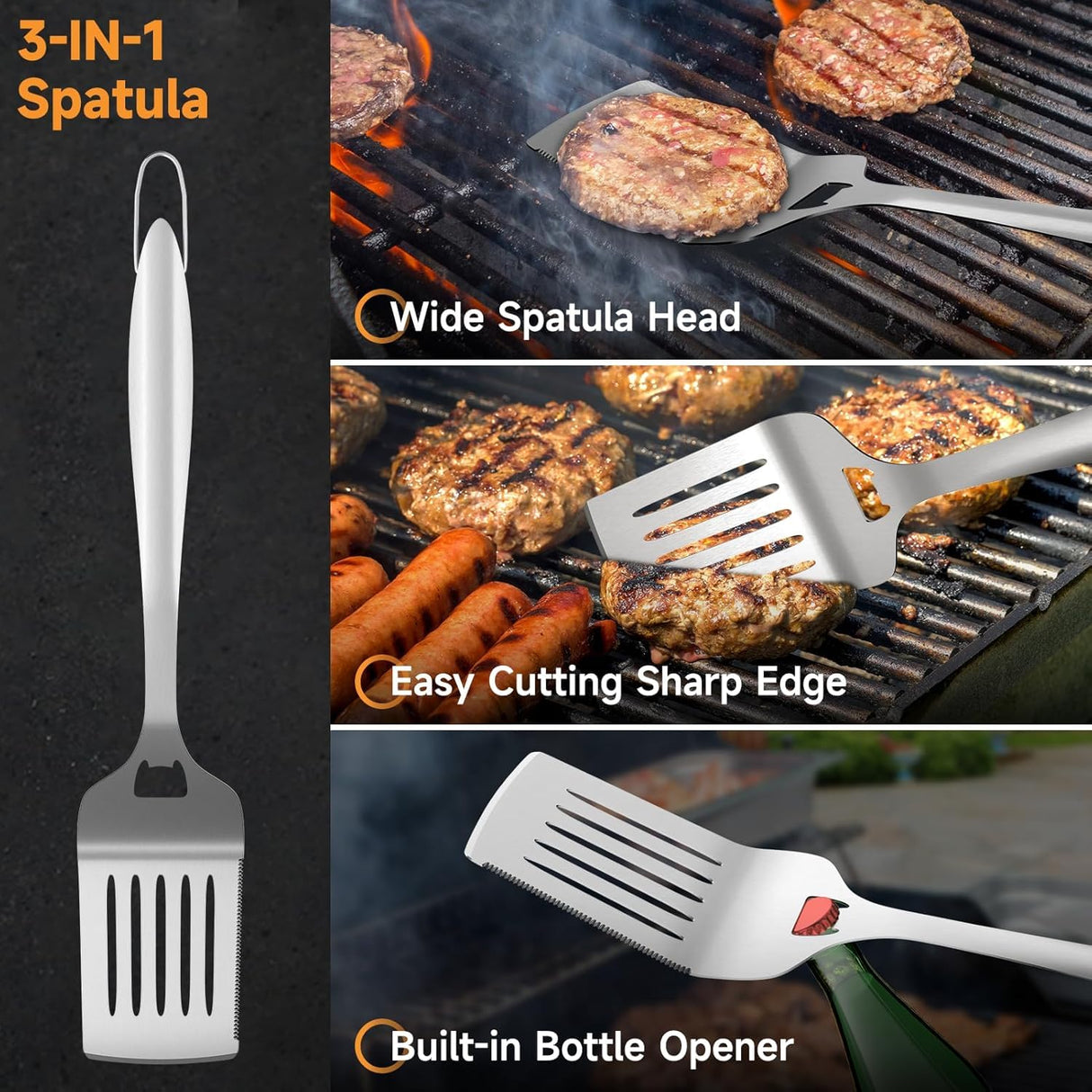 SHINESTAR Heavy Duty Grill Tools Set, Stainless Steel Grilling Accessories with Spatula, Tongs, Fork and Basting Brush, 4PCS, Ideal Grilling Gifts for Man SHINESTAR